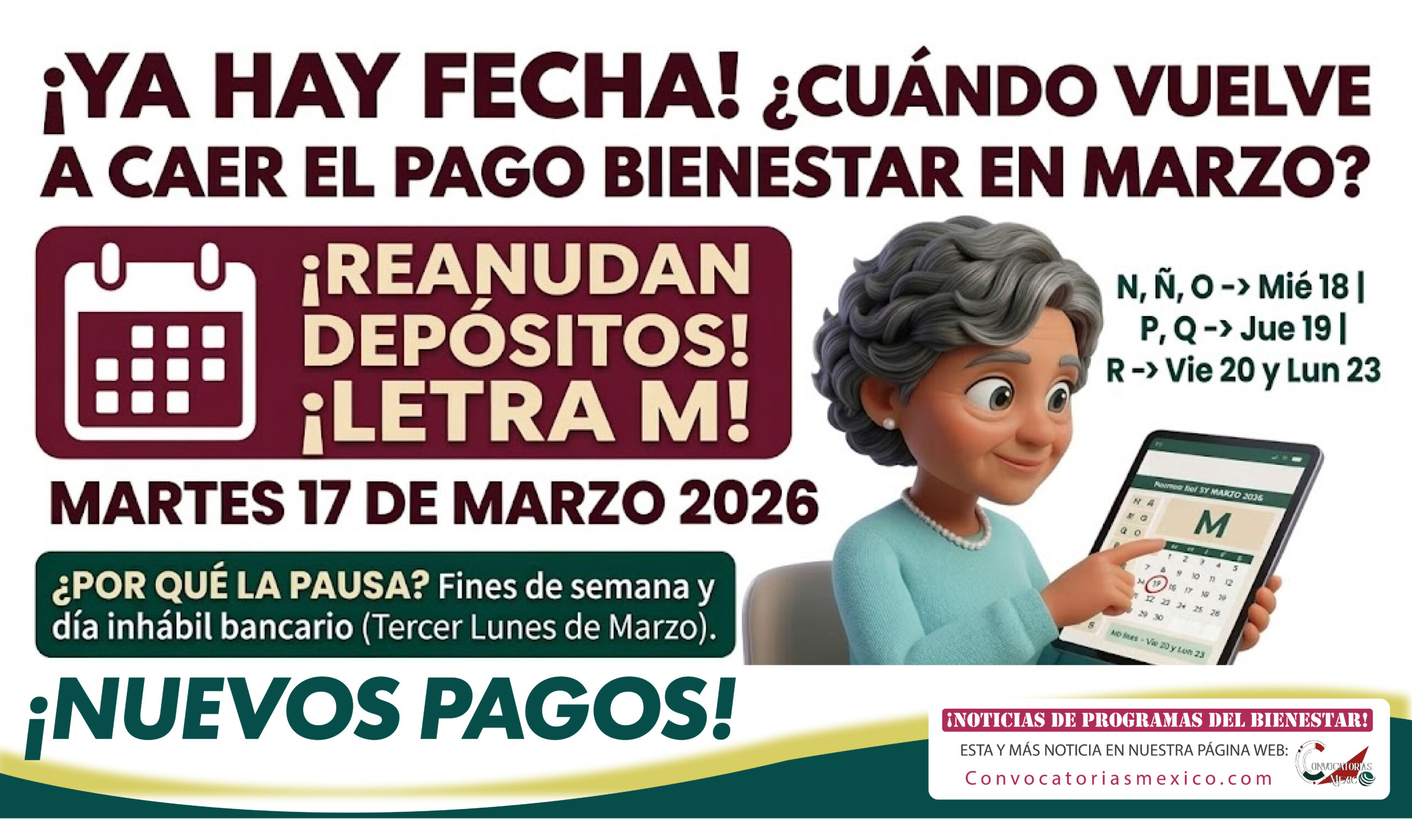 17 de marzo nuevos pagos de la Pensión Bienestar en marzo del 2 al 26