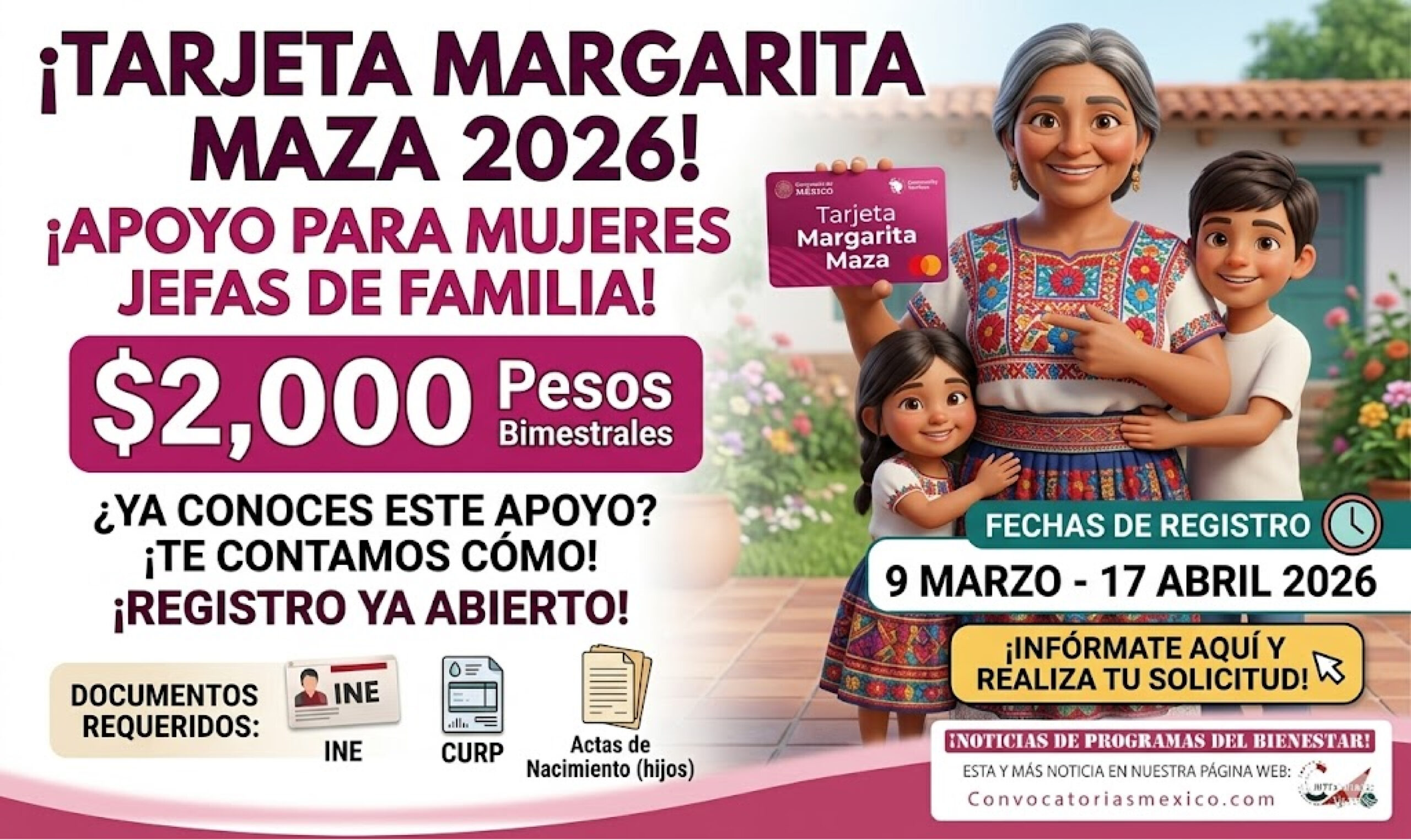 Apoyo de $2,000 pesos bimestrales para Mujeres Jefas de Familia de la Tarjeta Margarita Maza 2026