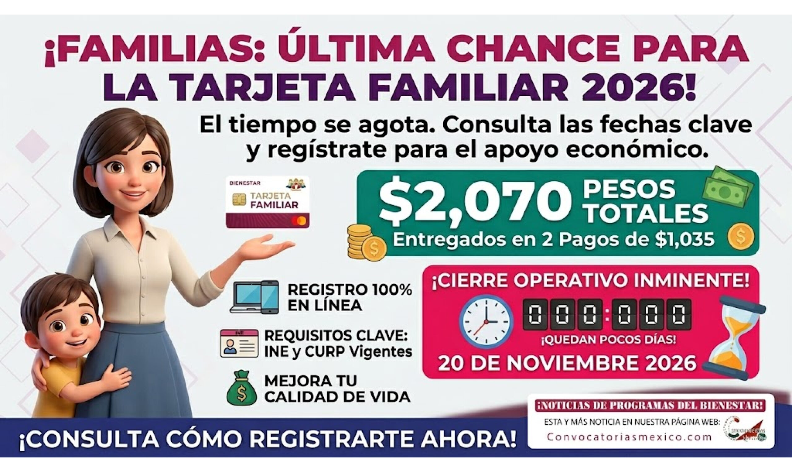 Tarjeta Familiar 2026, recibes dos pagos de $1,035 pesos realiza el registro en línea