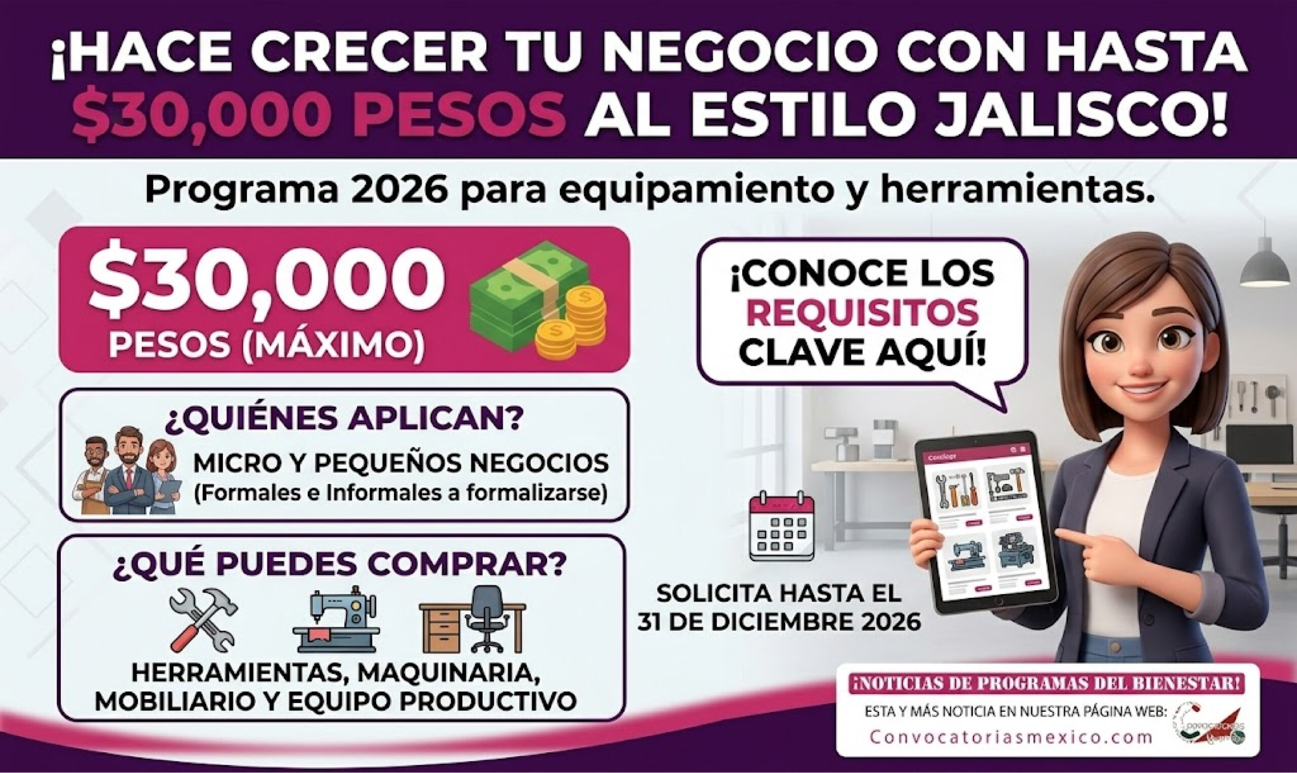 Crece tu Negocio al Estilo Jalisco 2026: apoyo para equipo, herramientas, mobiliario y maquinaria