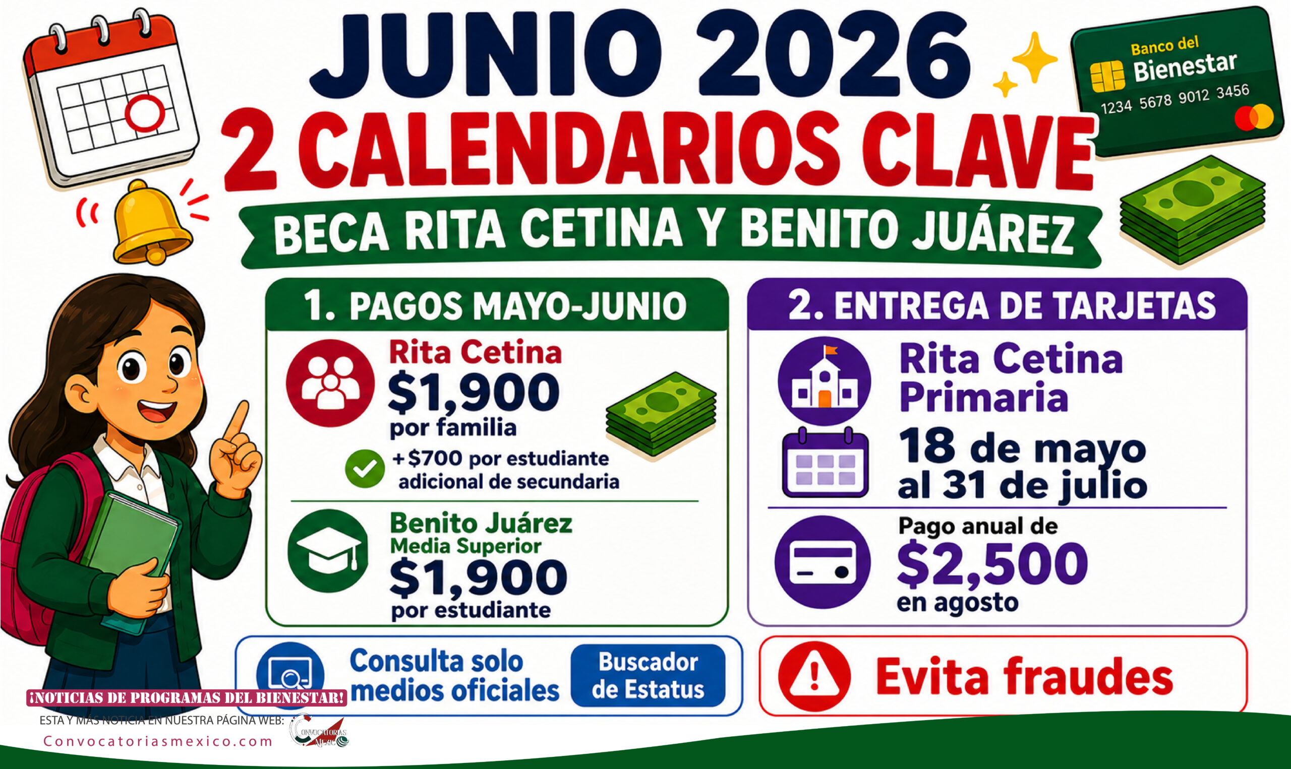 Dos calendarios que deben revisar estudiantes con Beca Benito Juárez y Beca Rita Cetina en junio 2026