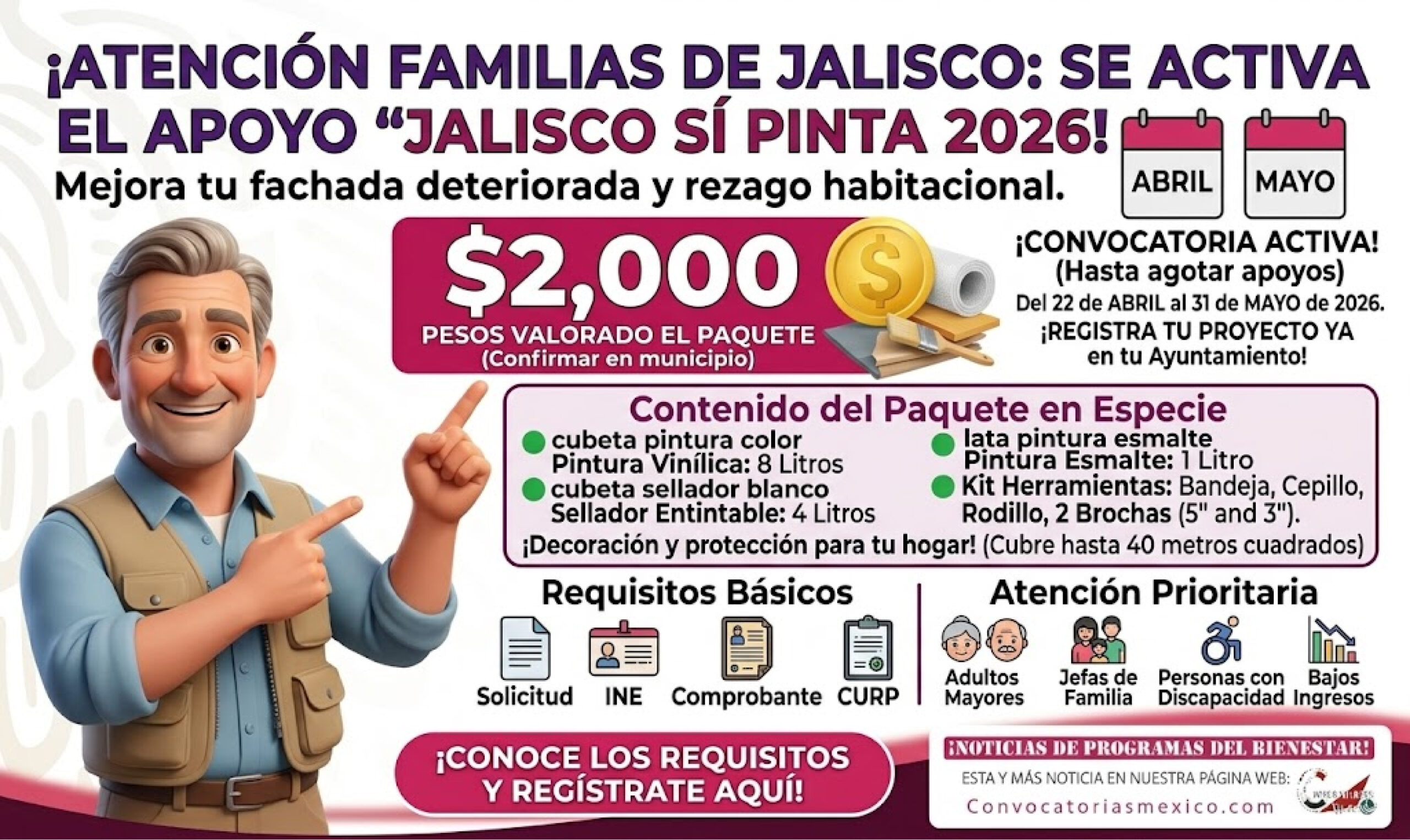 Jalisco Sí Pinta 2026: apoyo para pintar fachadas en municipios participantes de Jalisco