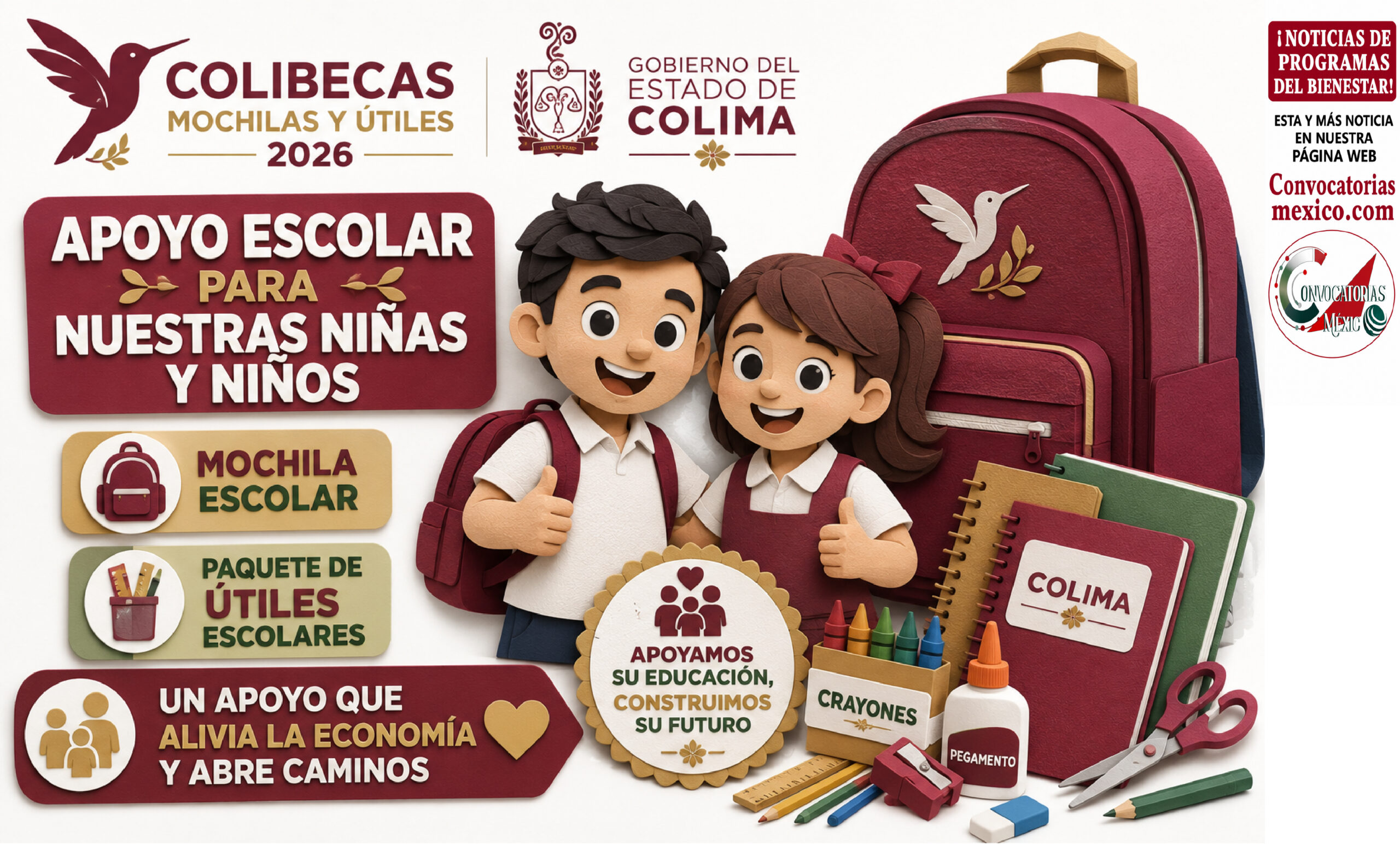 Colibecas Mochilas y Útiles 2026: apoyo escolar para niñas y niños de Colima
