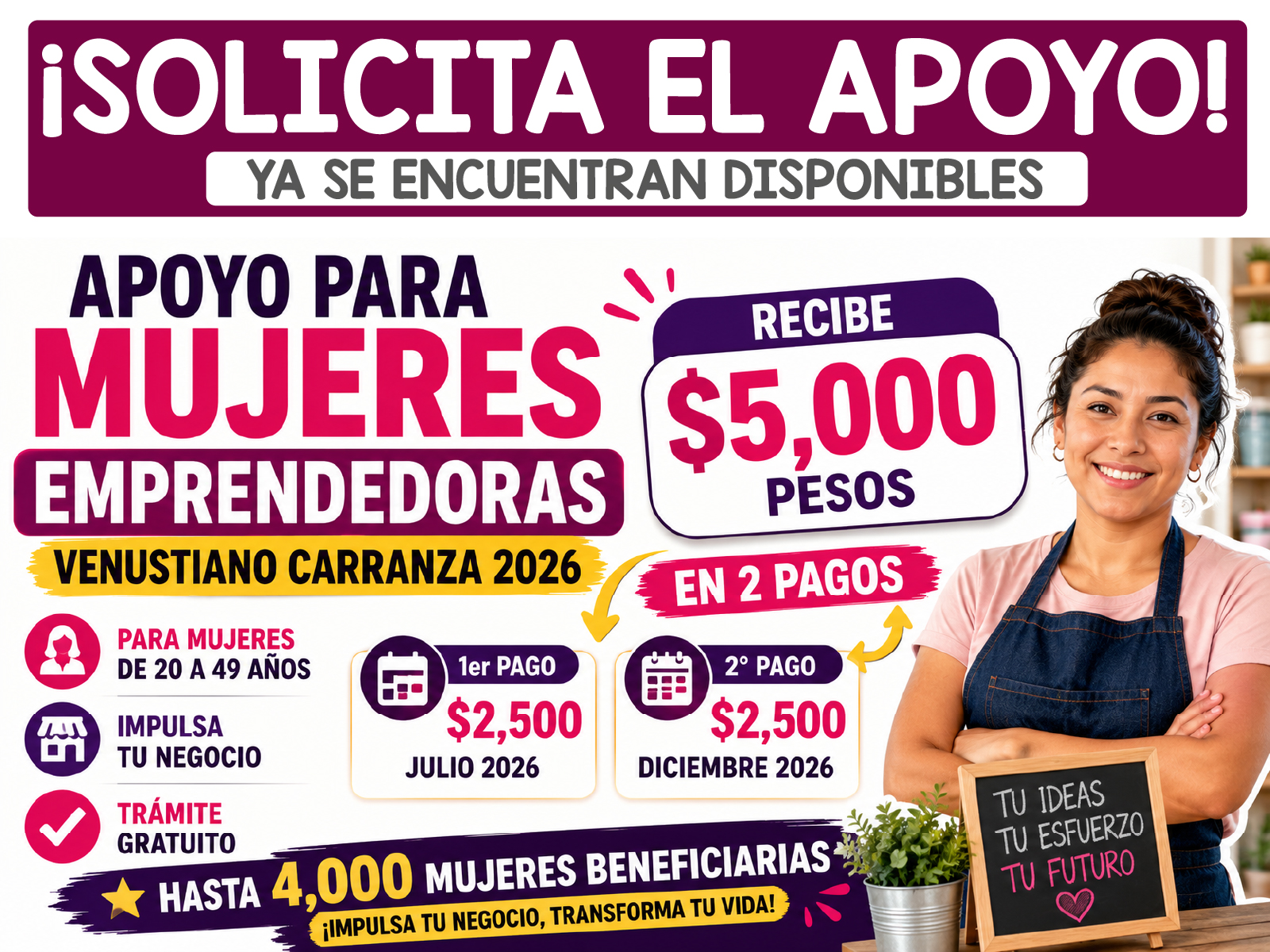Apoyo para Mujeres Emprendedoras 2026: requisitos y pago de 5 mil pesos en Venustiano Carranza