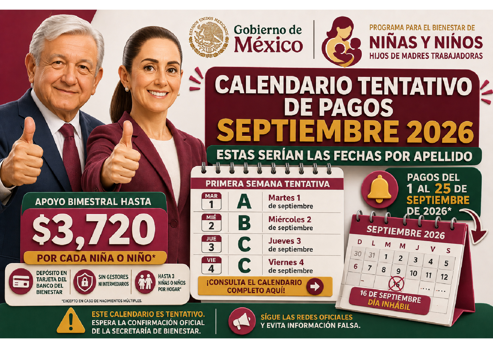 Calendario tentativo de pagos para Madres Trabajadoras en septiembre de 2026: estas serían las fechas por apellido