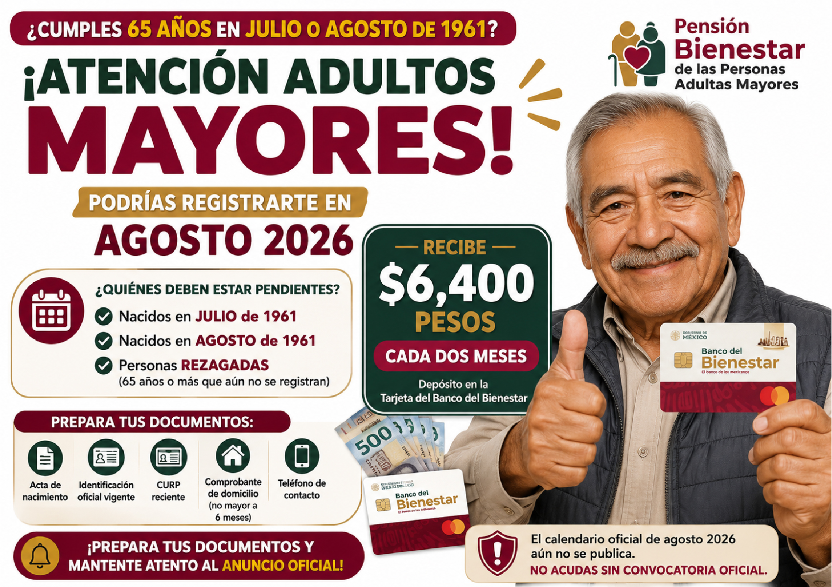 ¿Quiénes deben registrarse a la Pensión Bienestar en agosto de 2026? Estos adultos mayores deben preparar sus documentos