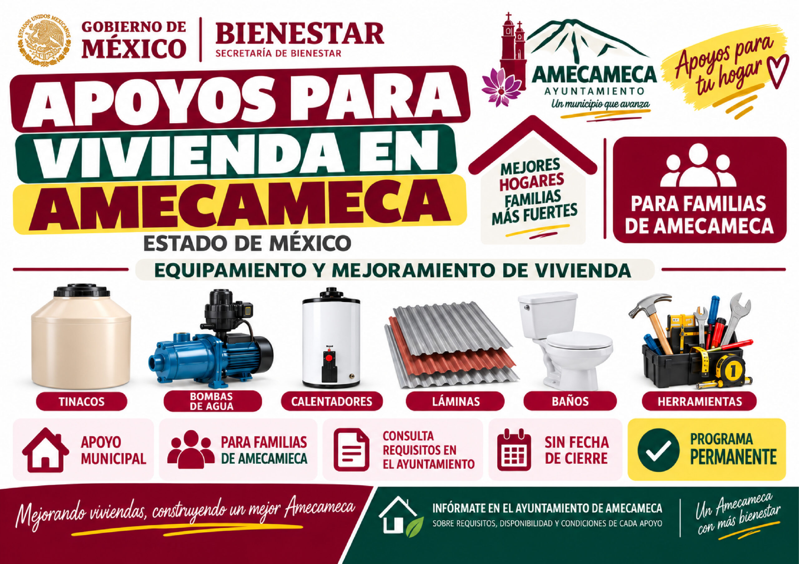 Apoyos para vivienda en Amecameca: familias pueden solicitar tinacos, bombas, calentadores, láminas y más