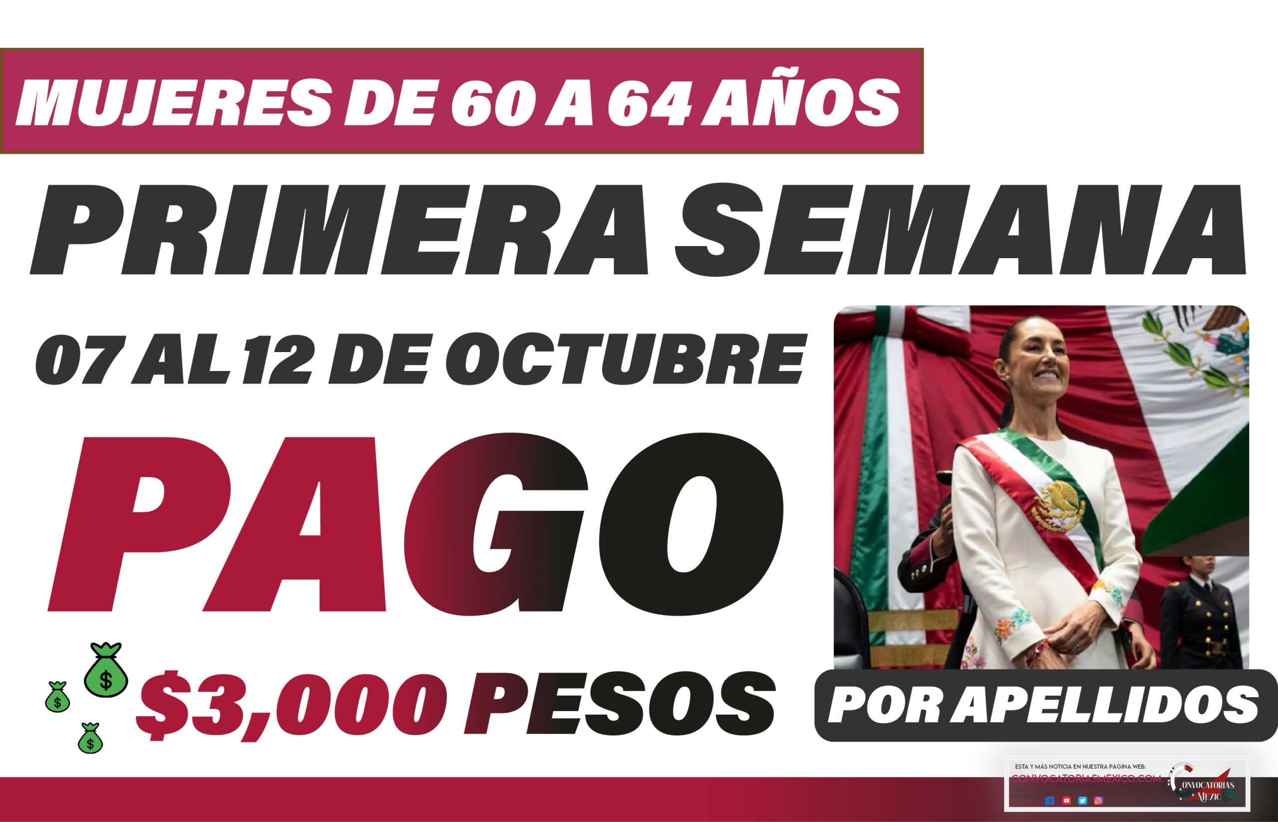 Pago de $3,000 pesos Primera semana del 07 al 12 de octubre Pensión Bienestar