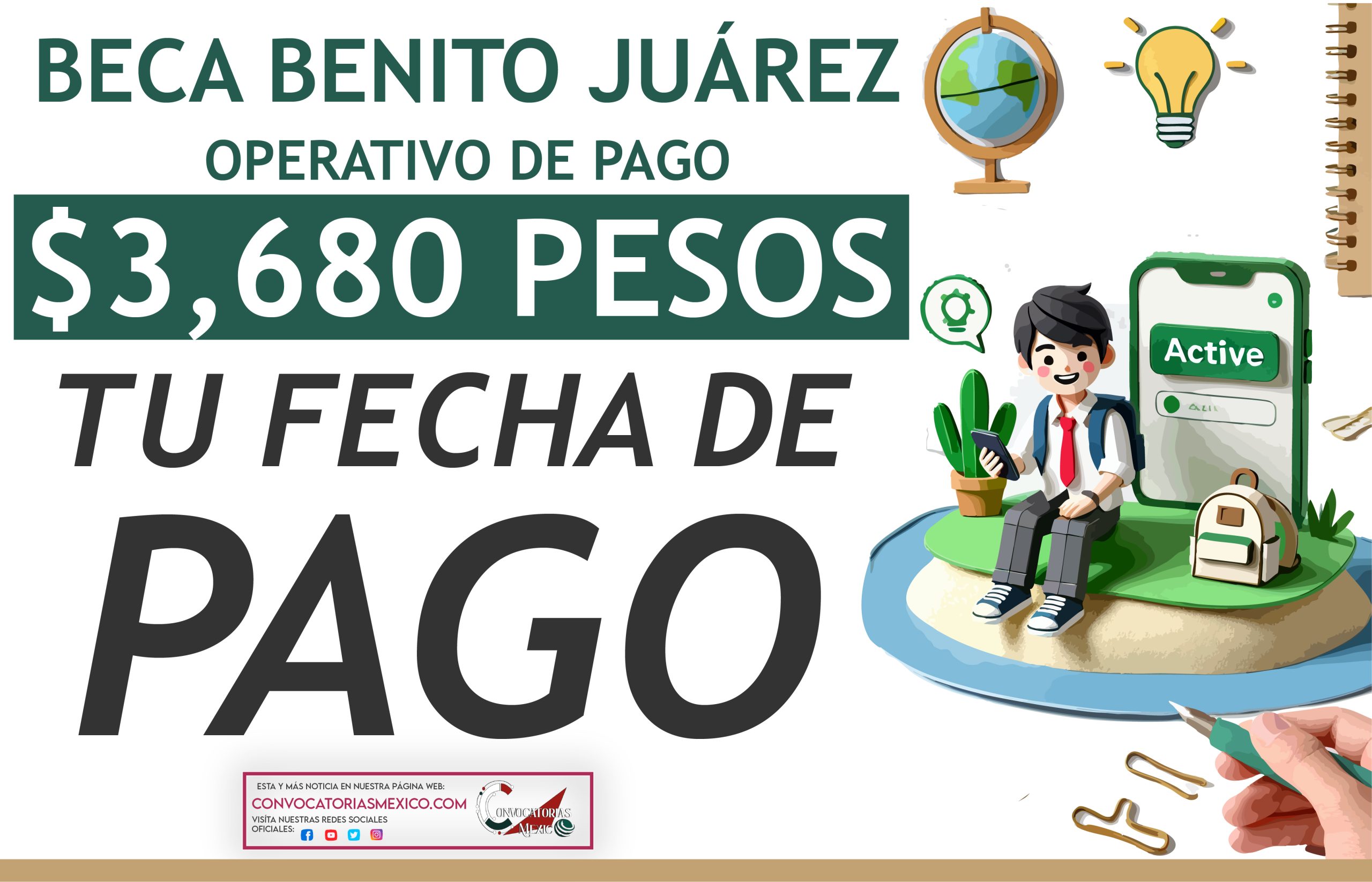 01 de diciembre Tu fecha de pago disponible $3,680 pesos de la Beca Benito Juárez