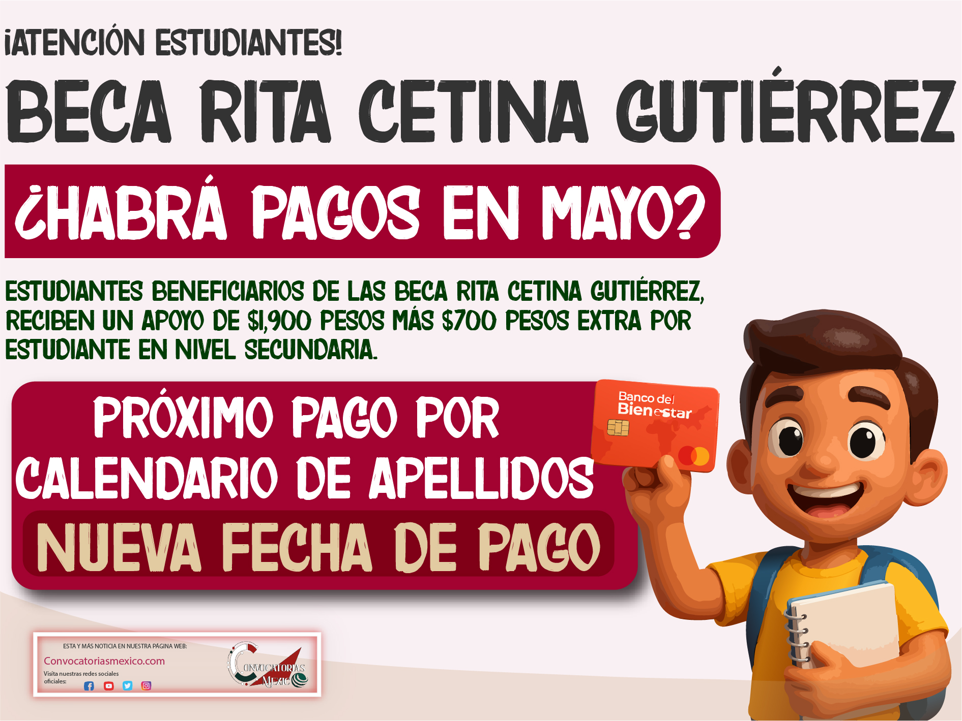 $1,900 + $700 pesos de la Beca Rita Cetina Gutiérrez ¿Habrá pago en mayo?