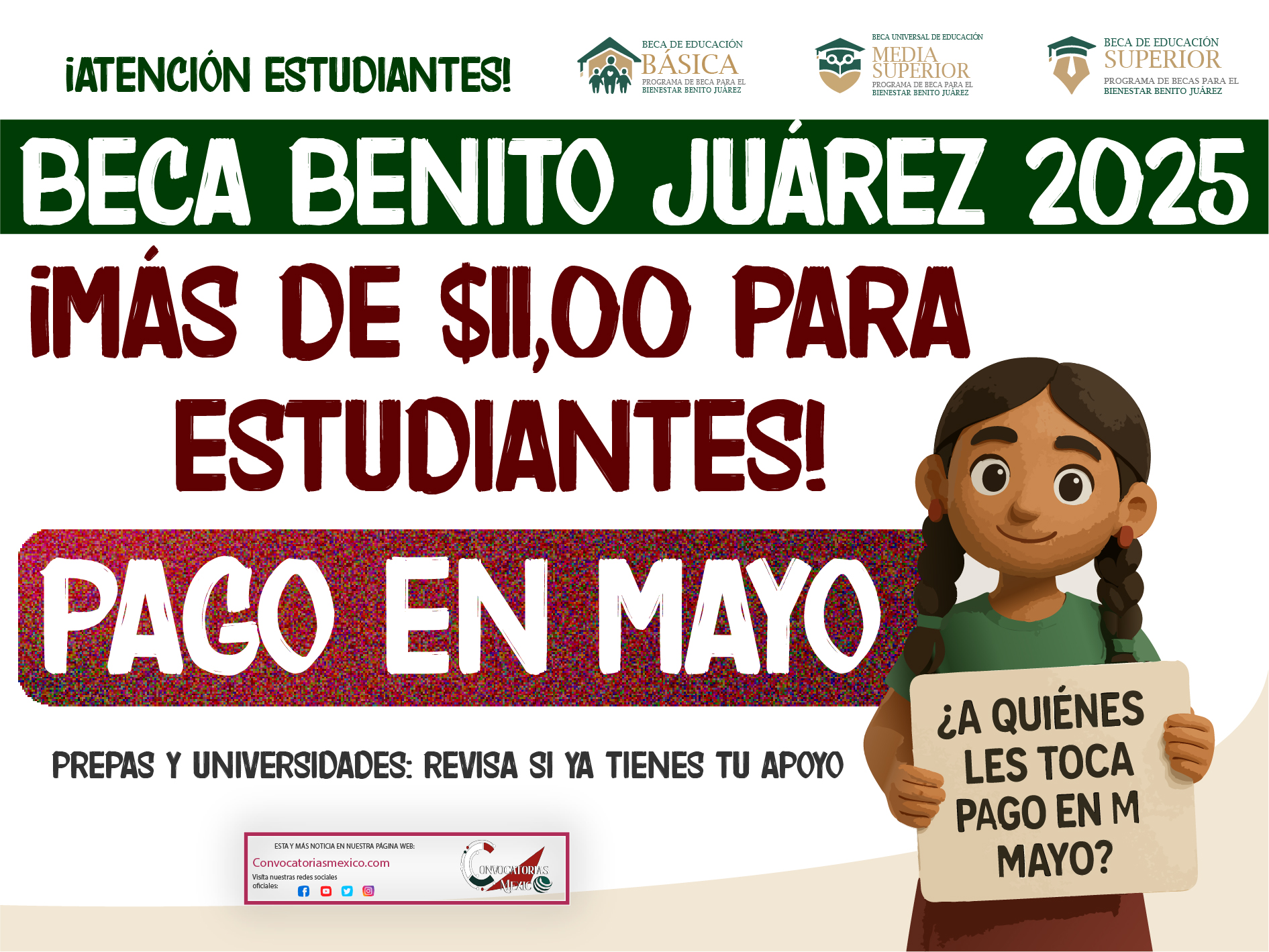 ¡$3,800! En mayo hay pagos Dobles de las Becas Benito Juárez 2025