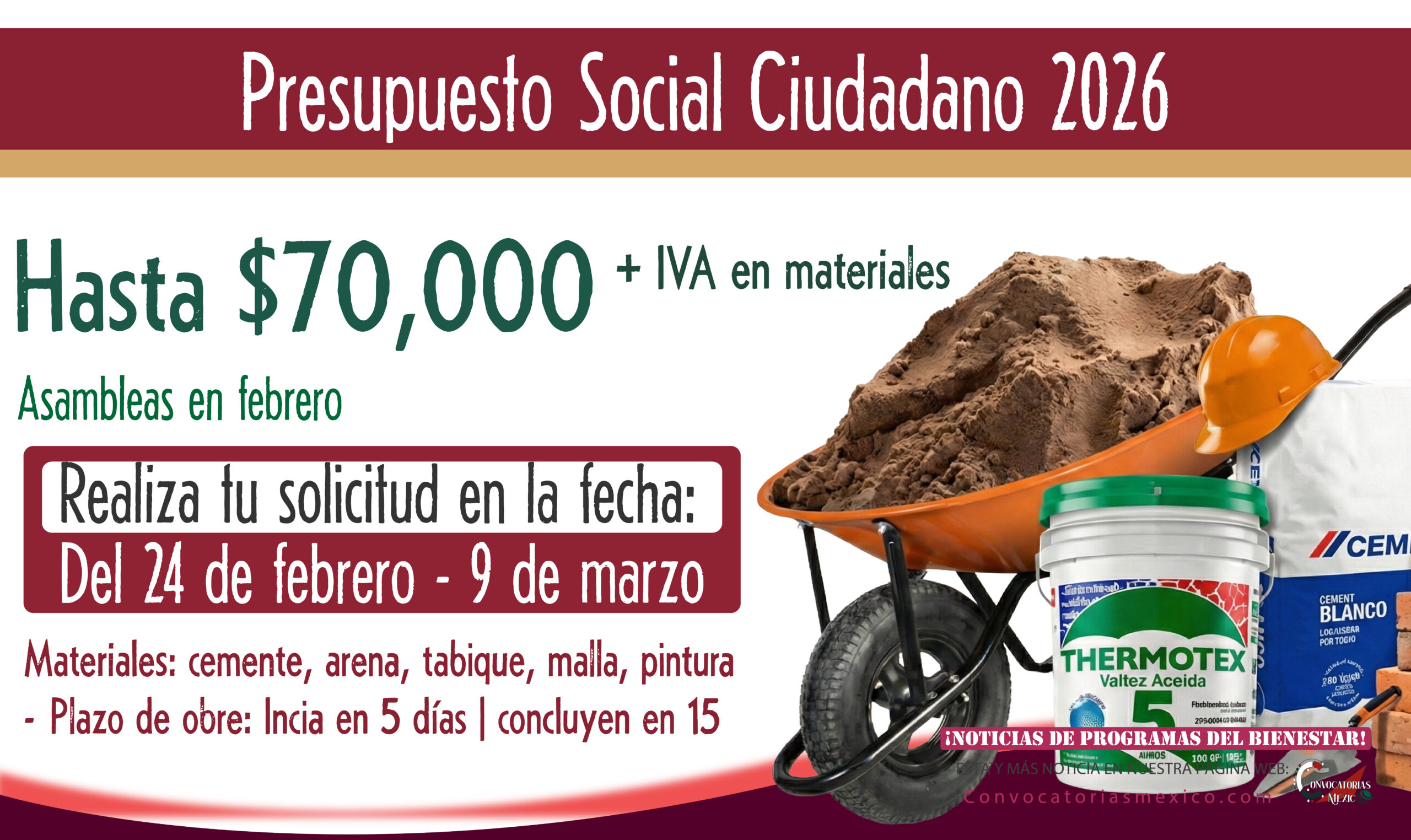 hasta $70,000 + IVA en material para obras comunitarias Presupuesto Social Ciudadano 2026