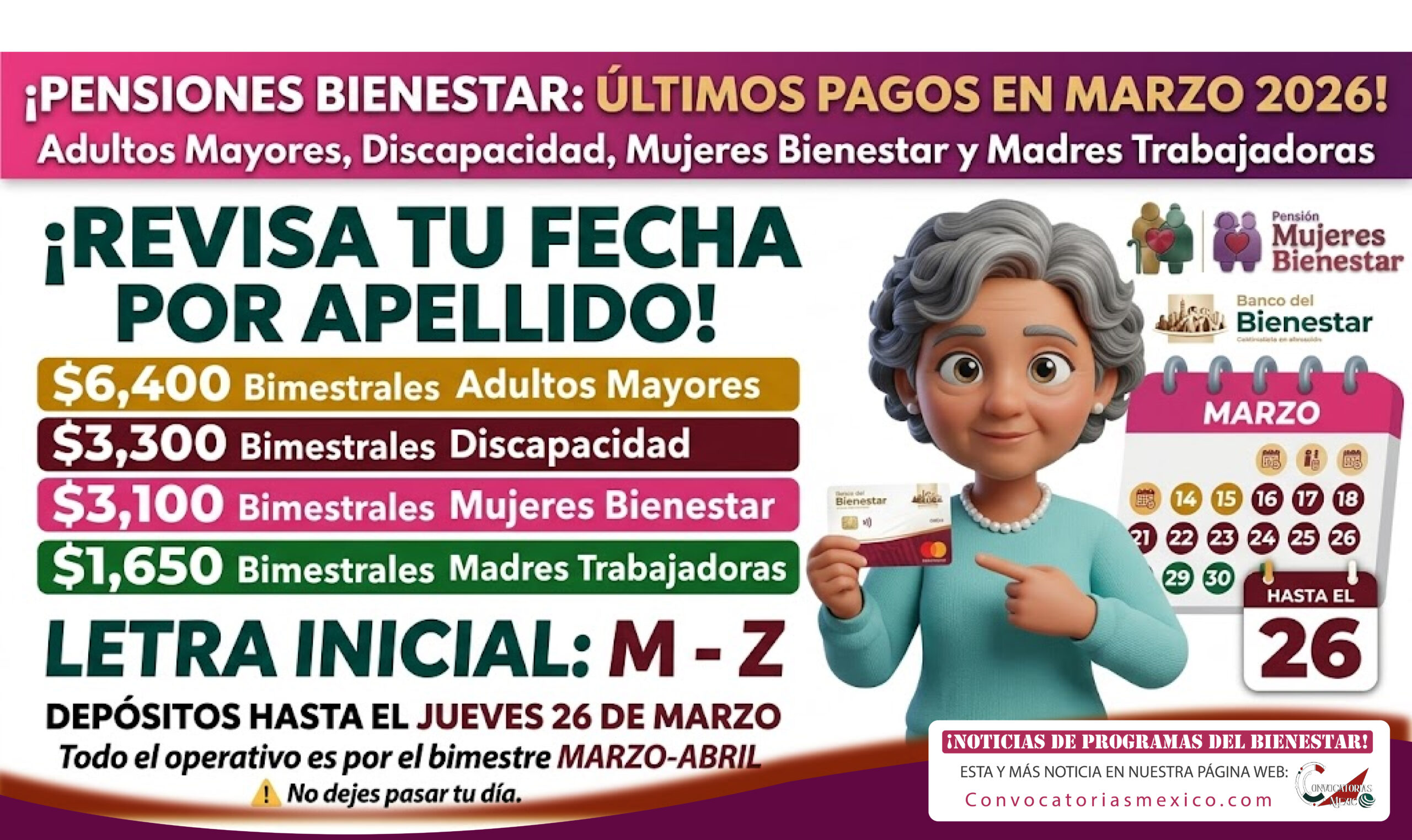 Letra inicial: M-Z Revisa tu fecha por apellido de las Pensiones del Bienestar en Marzo