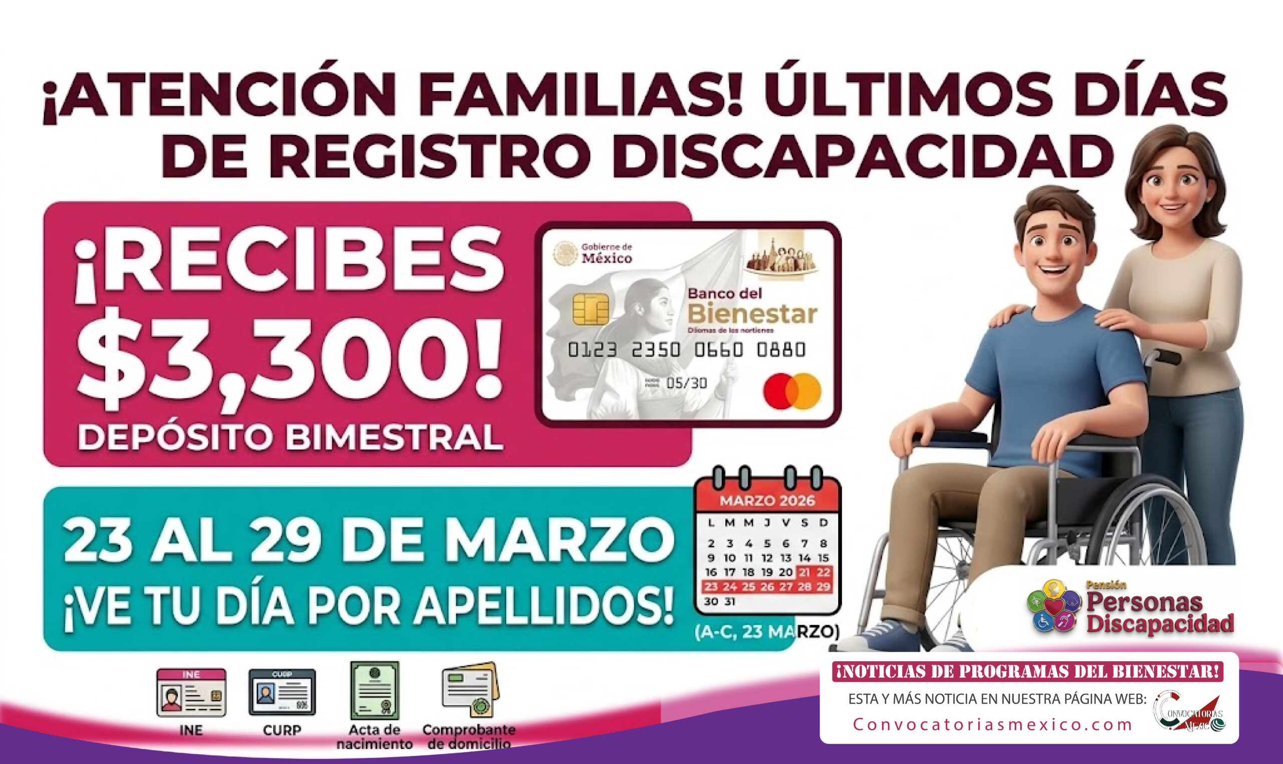Calendario de registro de la Pensión para las Personas con Discapacidad para marzo de 2026