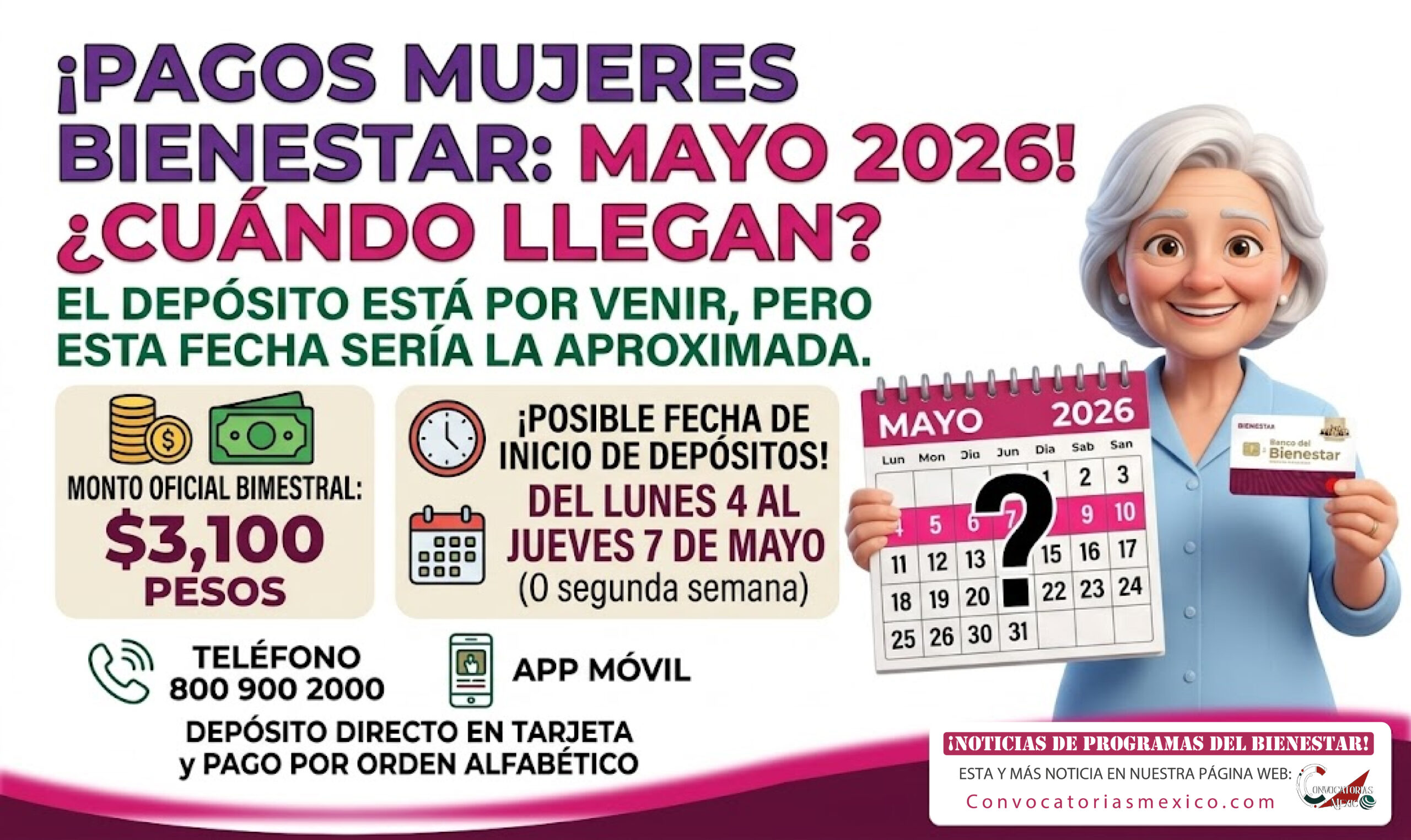 Pensión Mujeres Bienestar 2026: pago de mayo tu fecha de pago del 4 al 7 de mayo de 2026