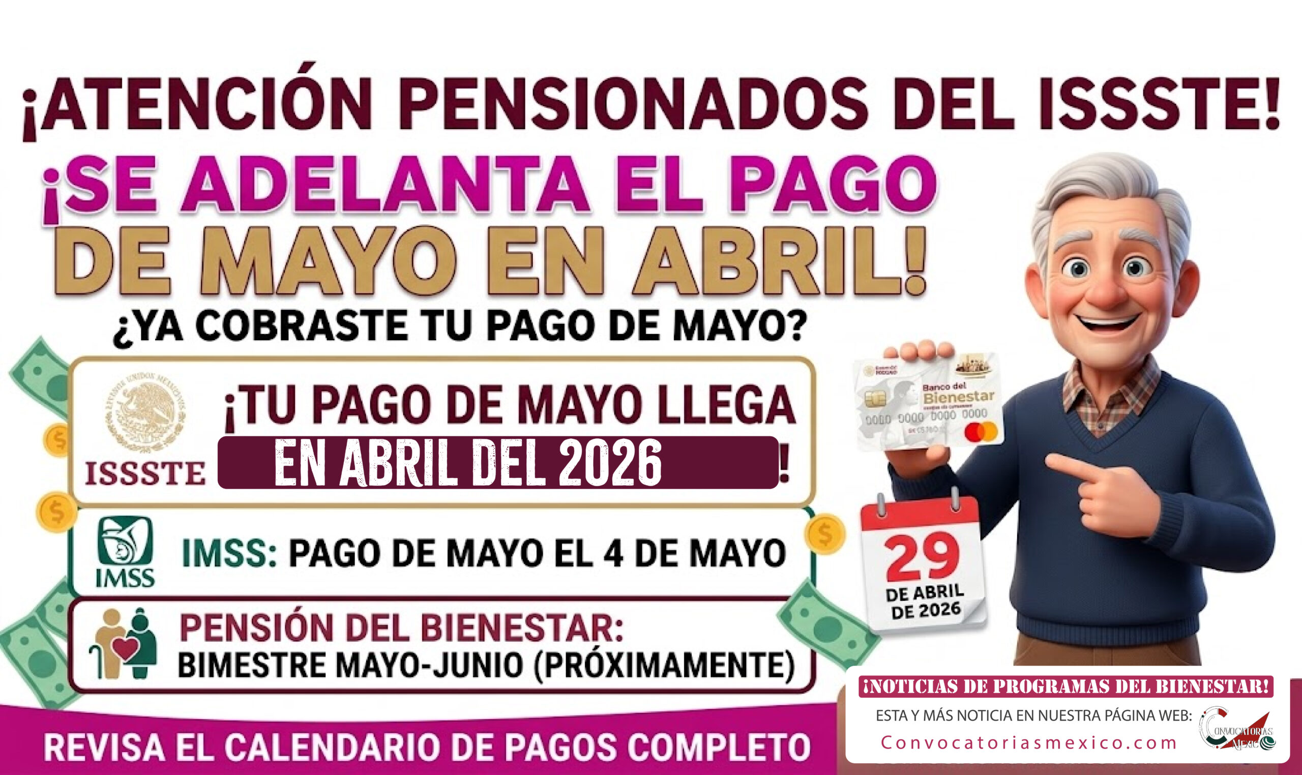Se adelanta pago para estos adultos mayores: pensionados del ISSSTE cobran en abril; así quedan IMSS y Bienestar