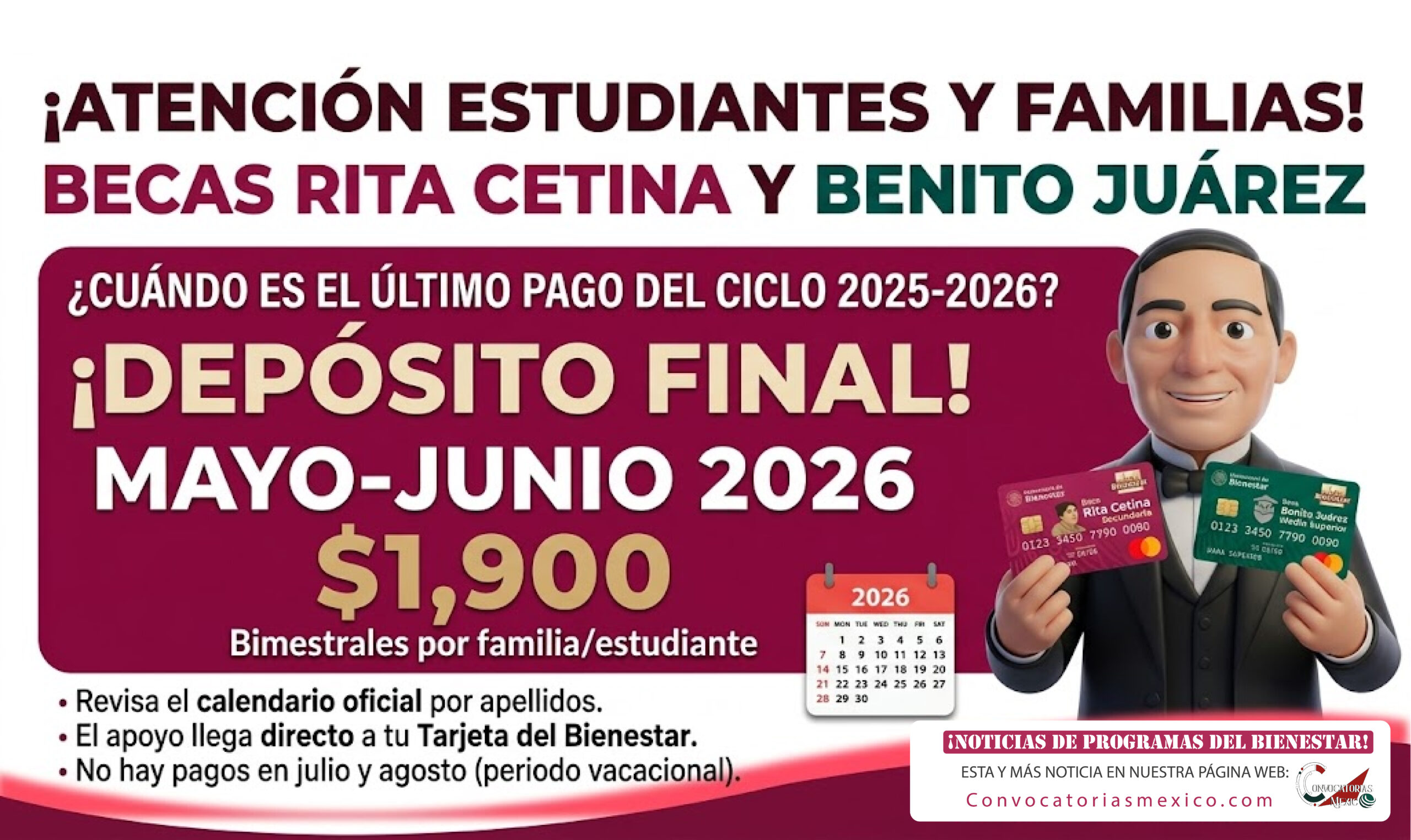 Pagos restantes de la Beca Benito Juárez y Beca Rita Cetina para el ciclo escolar 2025-2026