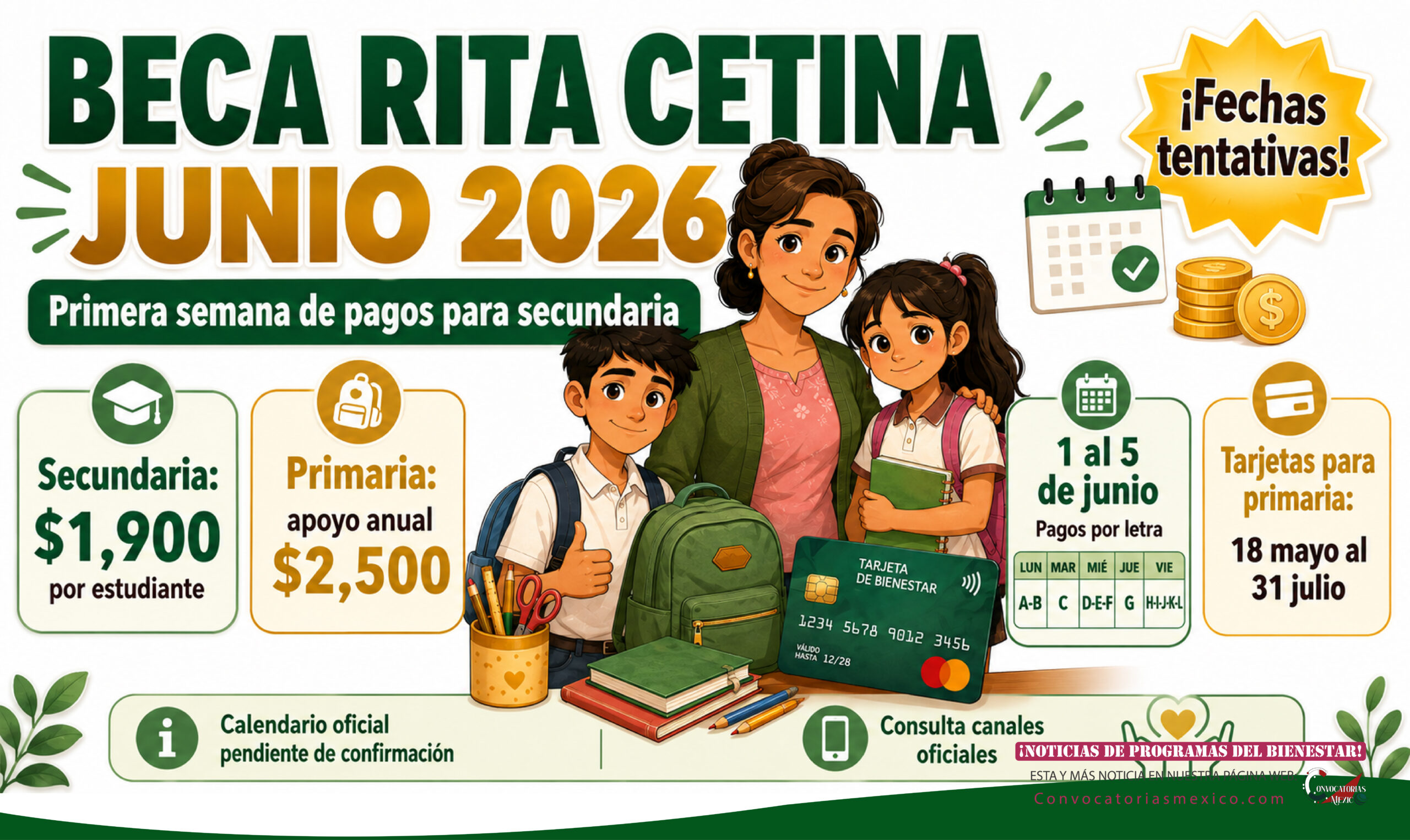 Beca Rita Cetina junio 2026: primera semana de pagos para secundaria y fechas para primaria