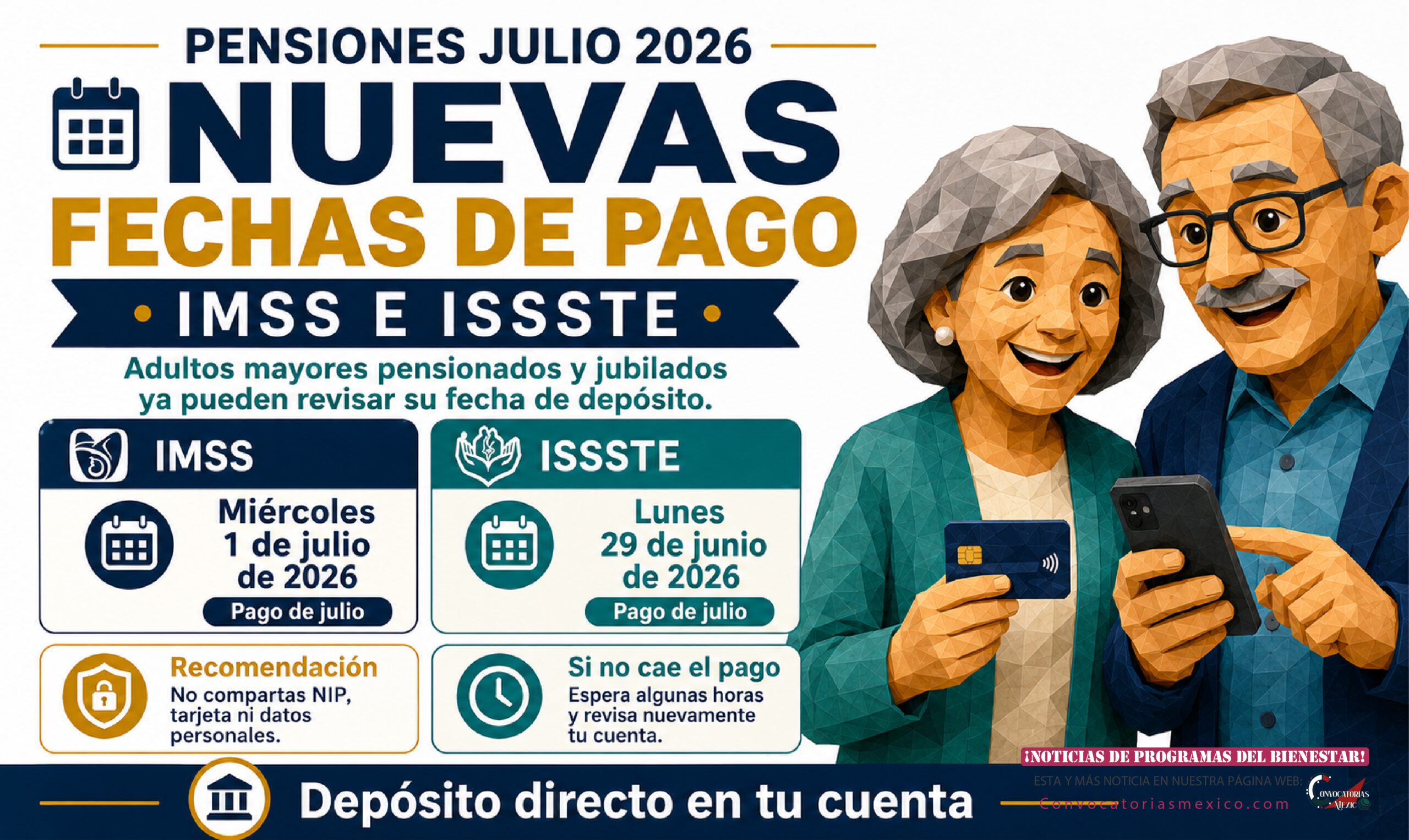 Nuevas fechas de pago para adultos mayores pensionados y jubilados del IMSS e ISSSTE en julio 2026