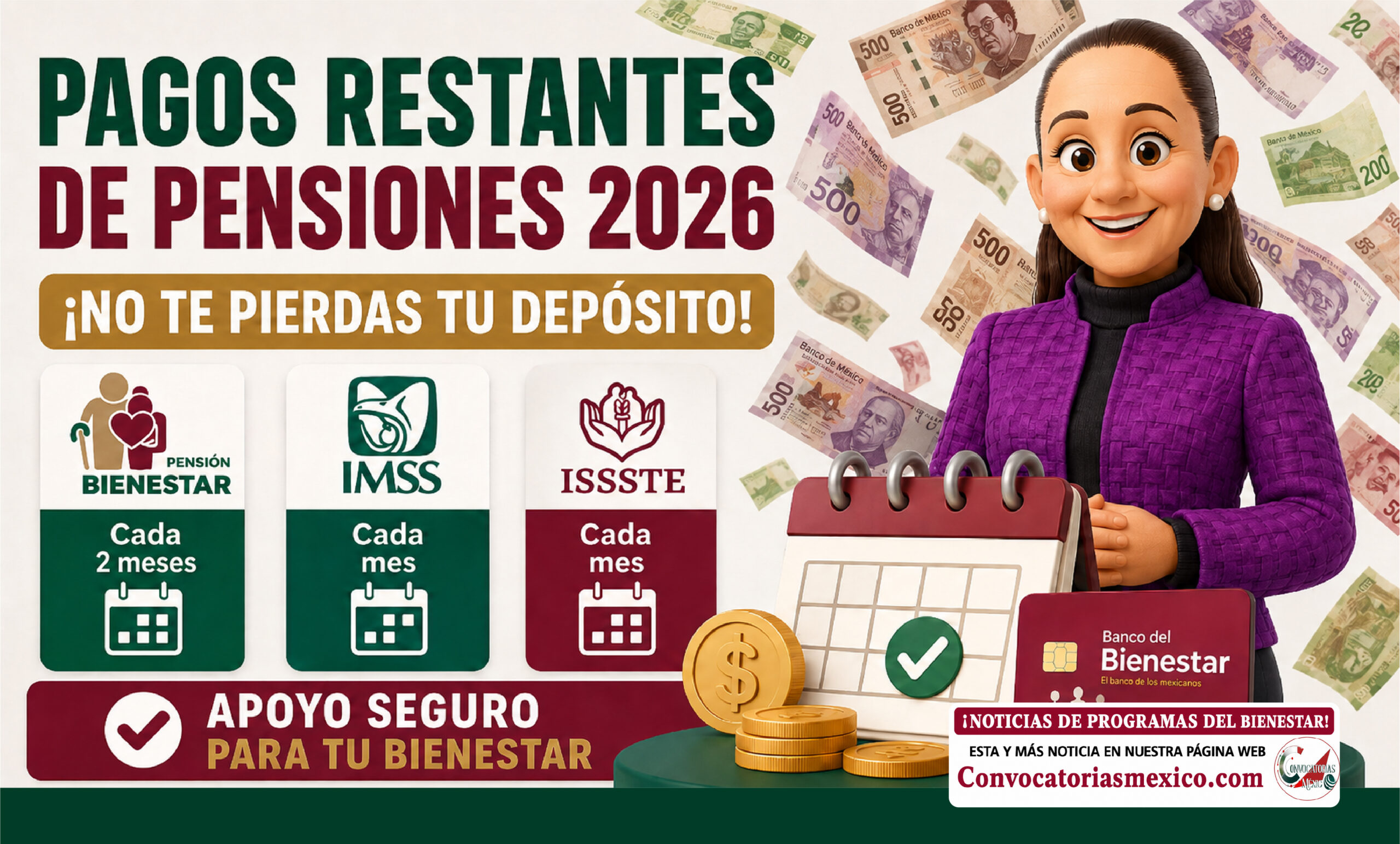 Pagos restantes de pensiones en México 2026: Bienestar, IMSS e ISSSTE