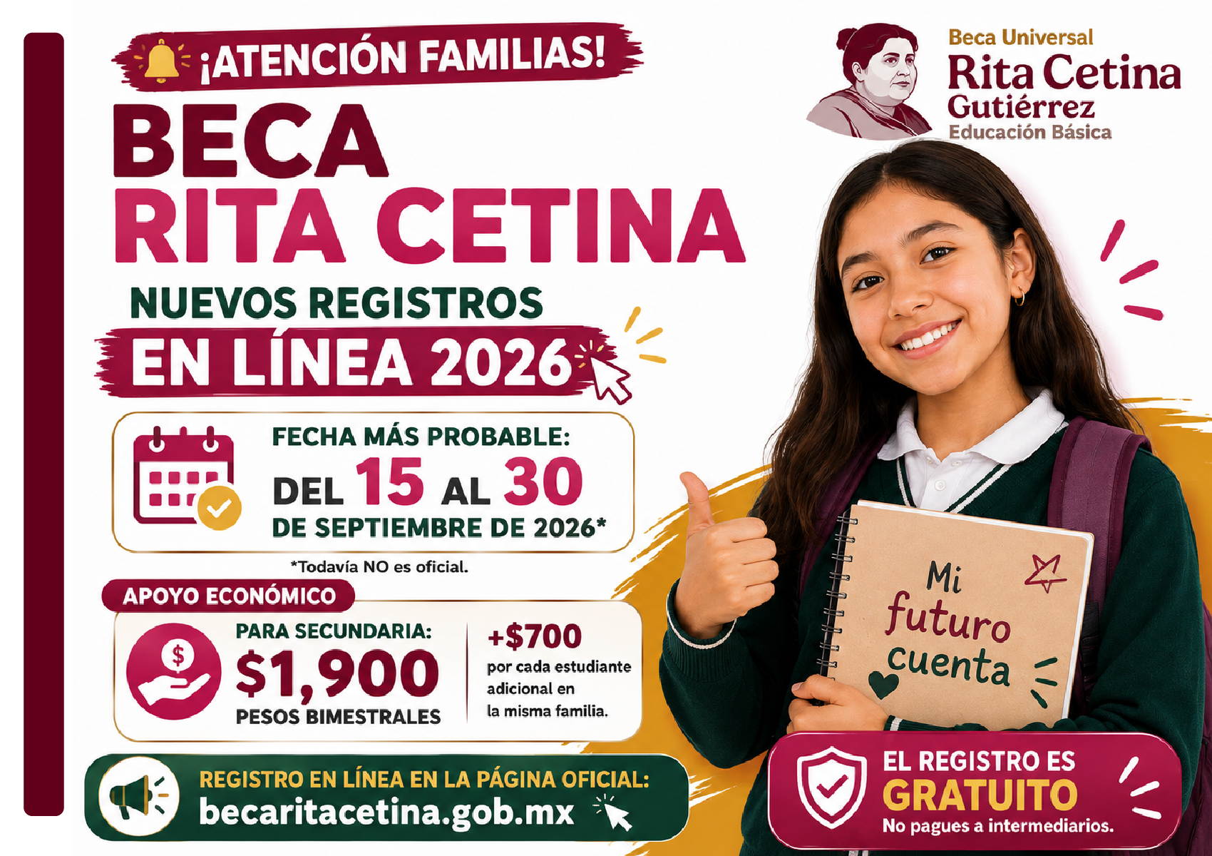 ¿Cuándo habrá nuevos registros en línea para la Beca Rita Cetina 2026? Esta es la fecha más probable para septiembre