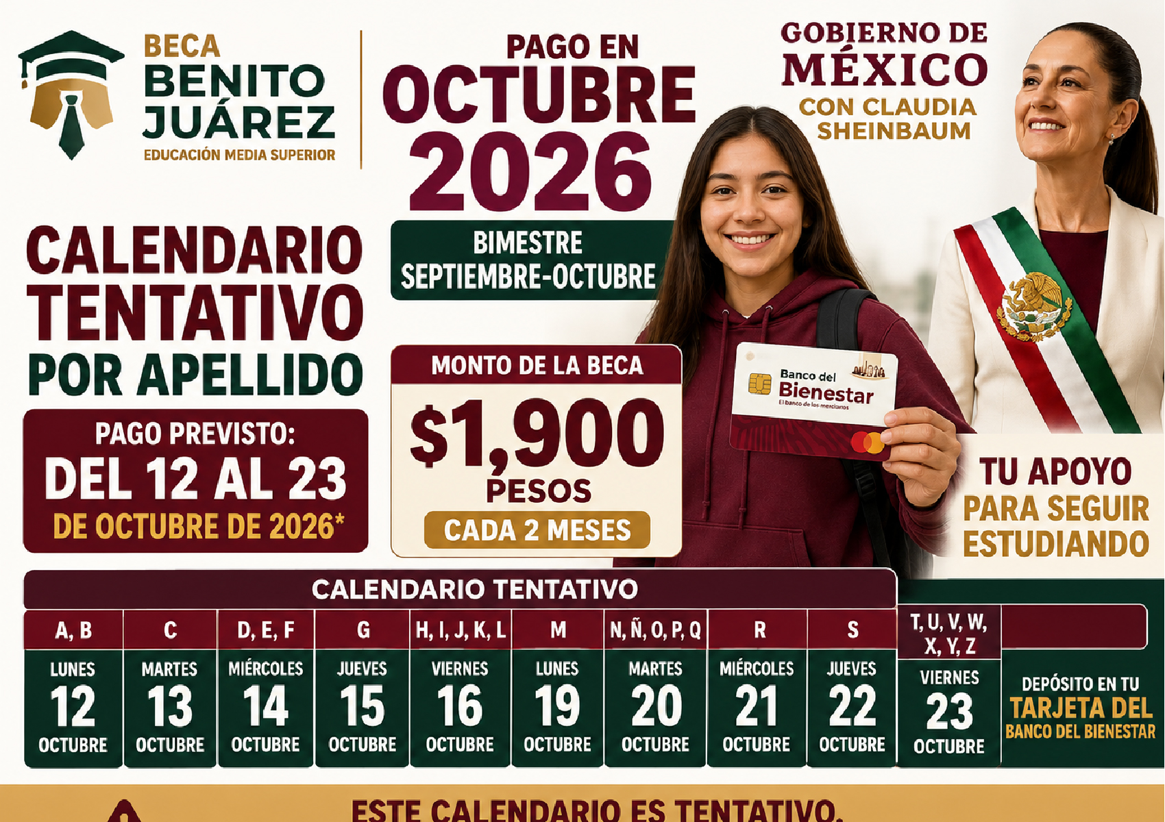 Este sería el calendario tentativo de pagos de la Beca Benito Juárez para octubre de 2026