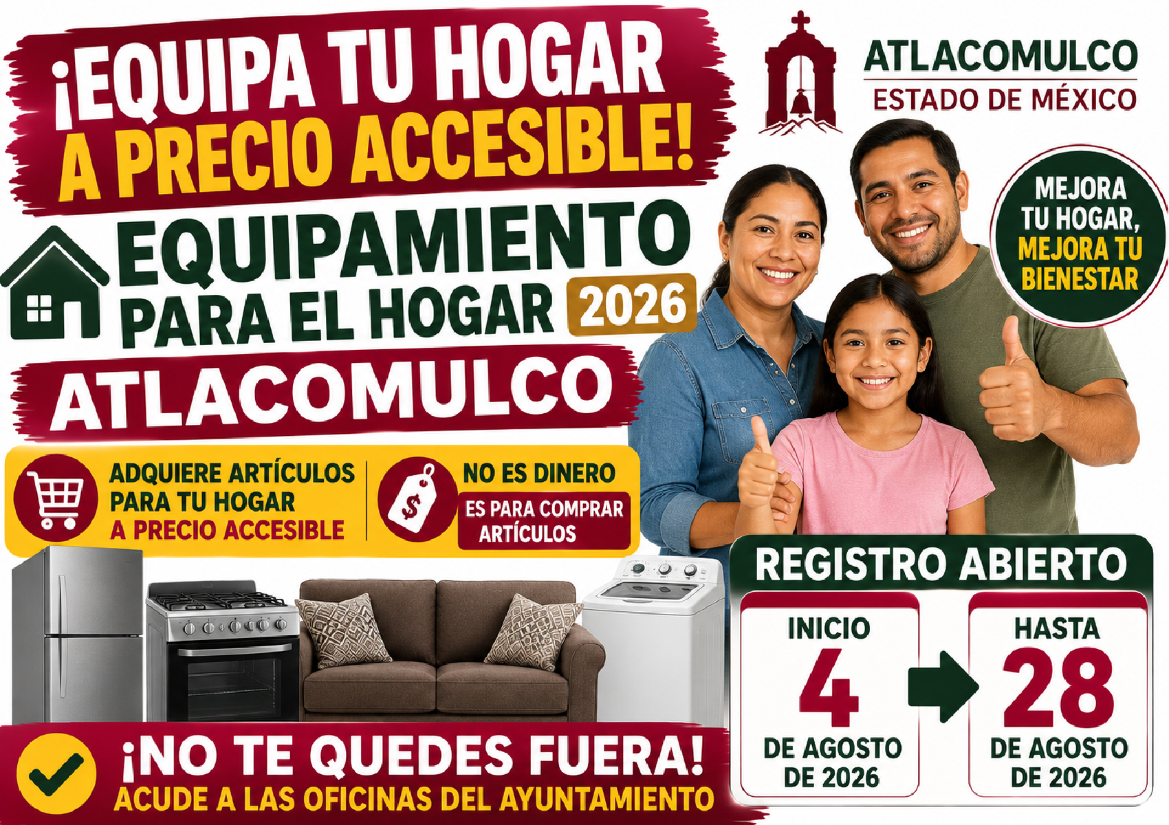 Equipamiento para el Hogar 2026 en Atlacomulco: registro abierto hasta el 28 de agosto para adquirir artículos a precio accesible