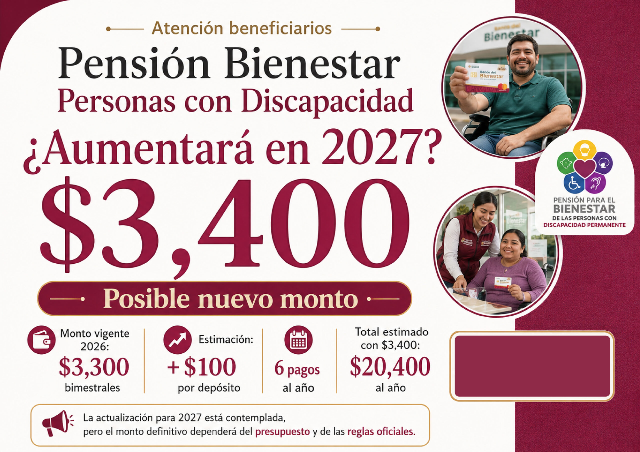 ¿Cuánto aumentará la Pensión Bienestar para Personas con Discapacidad en 2027? Este sería el posible nuevo monto