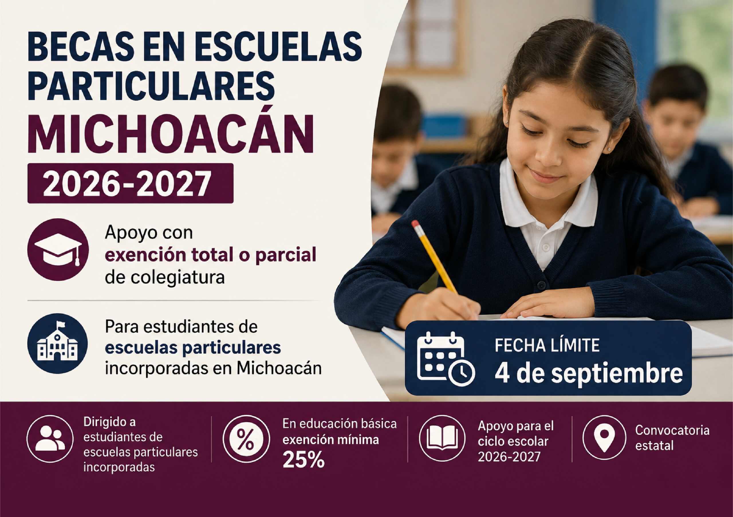 Becas en escuelas particulares Michoacán 2026-2027: exención de colegiatura y fecha límite del 4 de septiembre