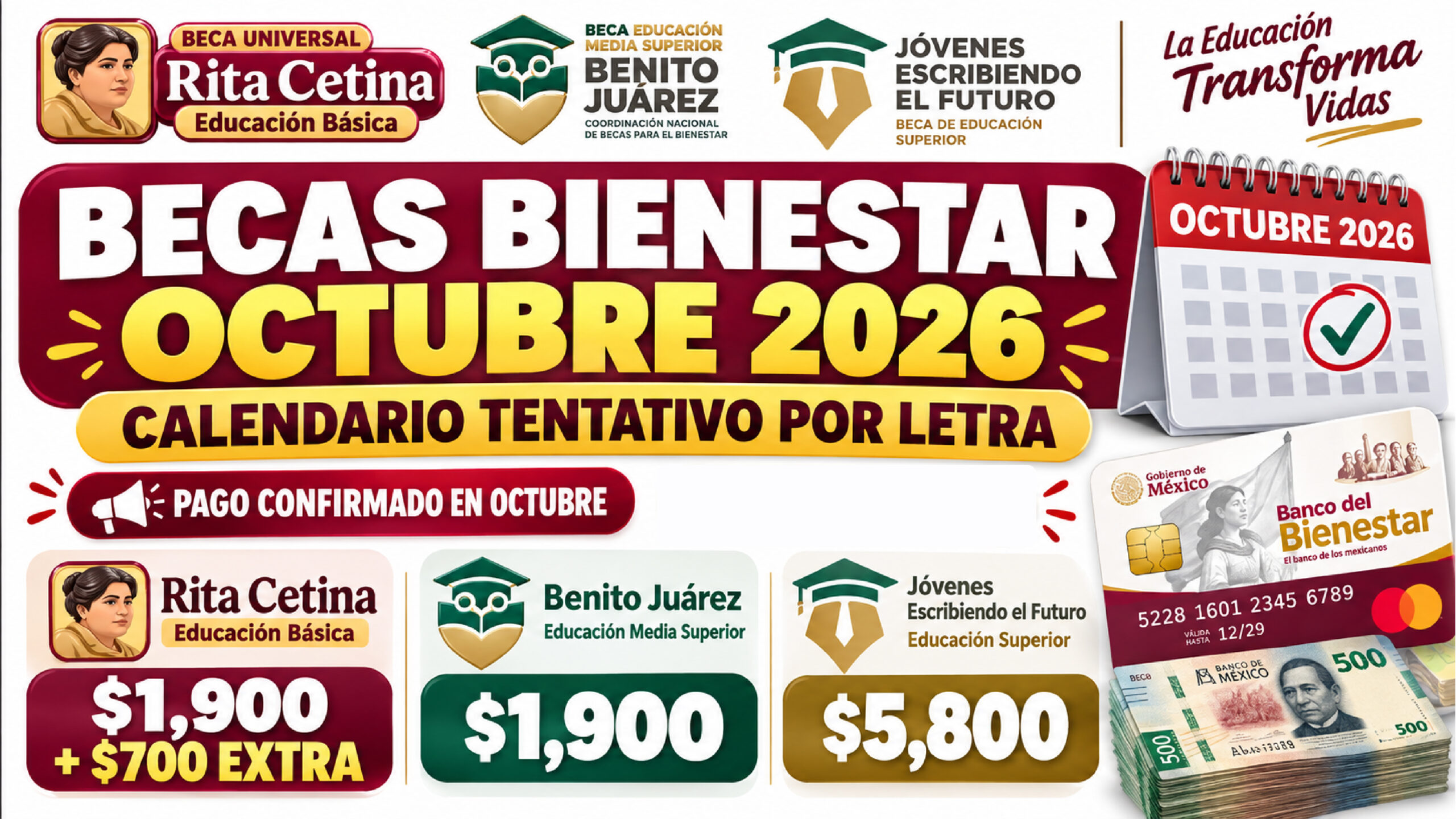 Becas Bienestar octubre 2026: calendario tentativo de pagos por letra para Rita Cetina, Benito Juárez y Jóvenes Escribiendo el Futuro