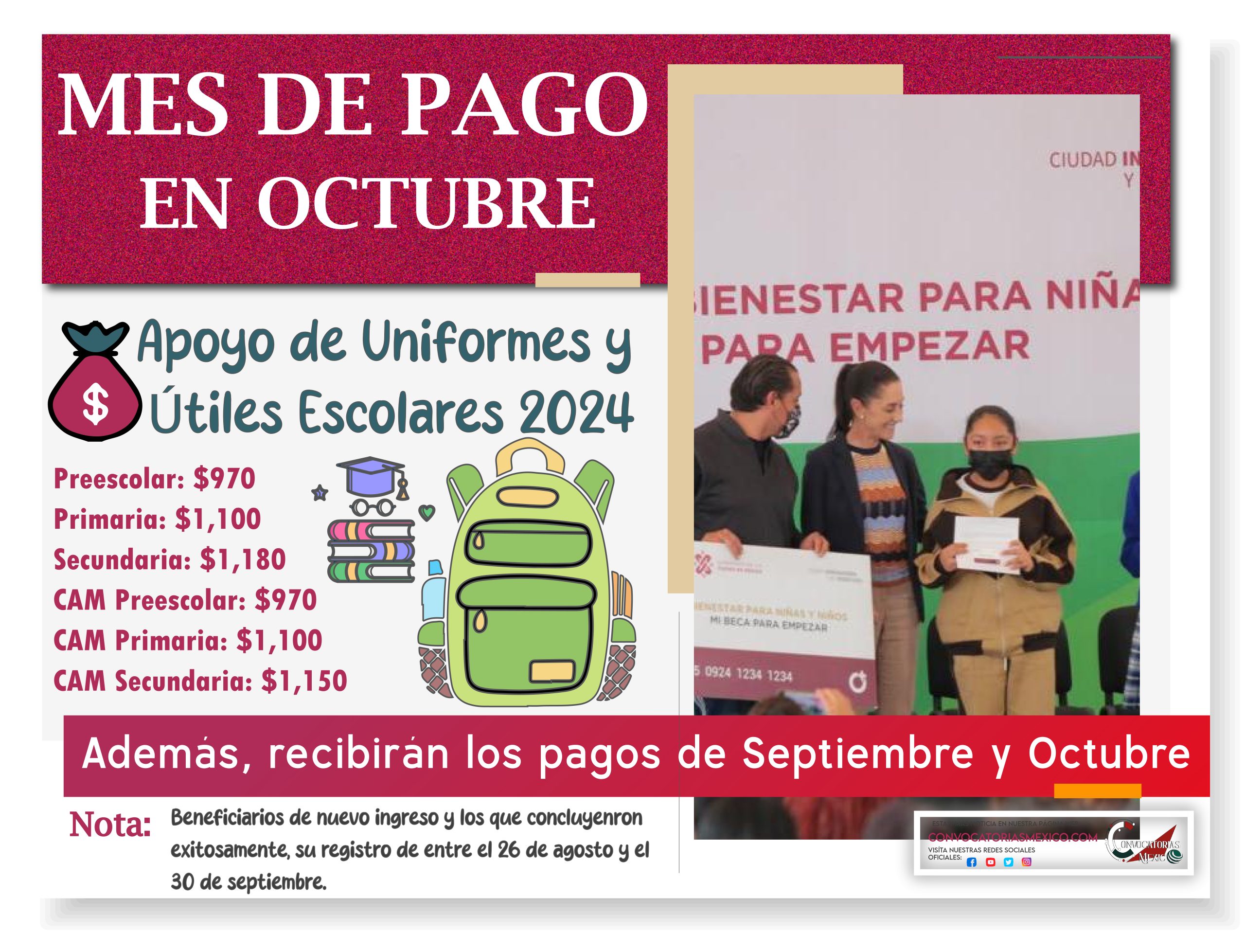 Pago en octubre de apoyo de uniformes y útiles escolares más dos pagos de Mi Beca para Empezar