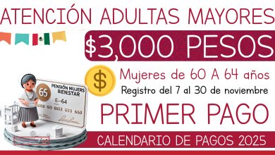 Pago de $3,000 para Pensión Mujeres de 60 a 64 años PRIMER PAGO Y REGISTRO