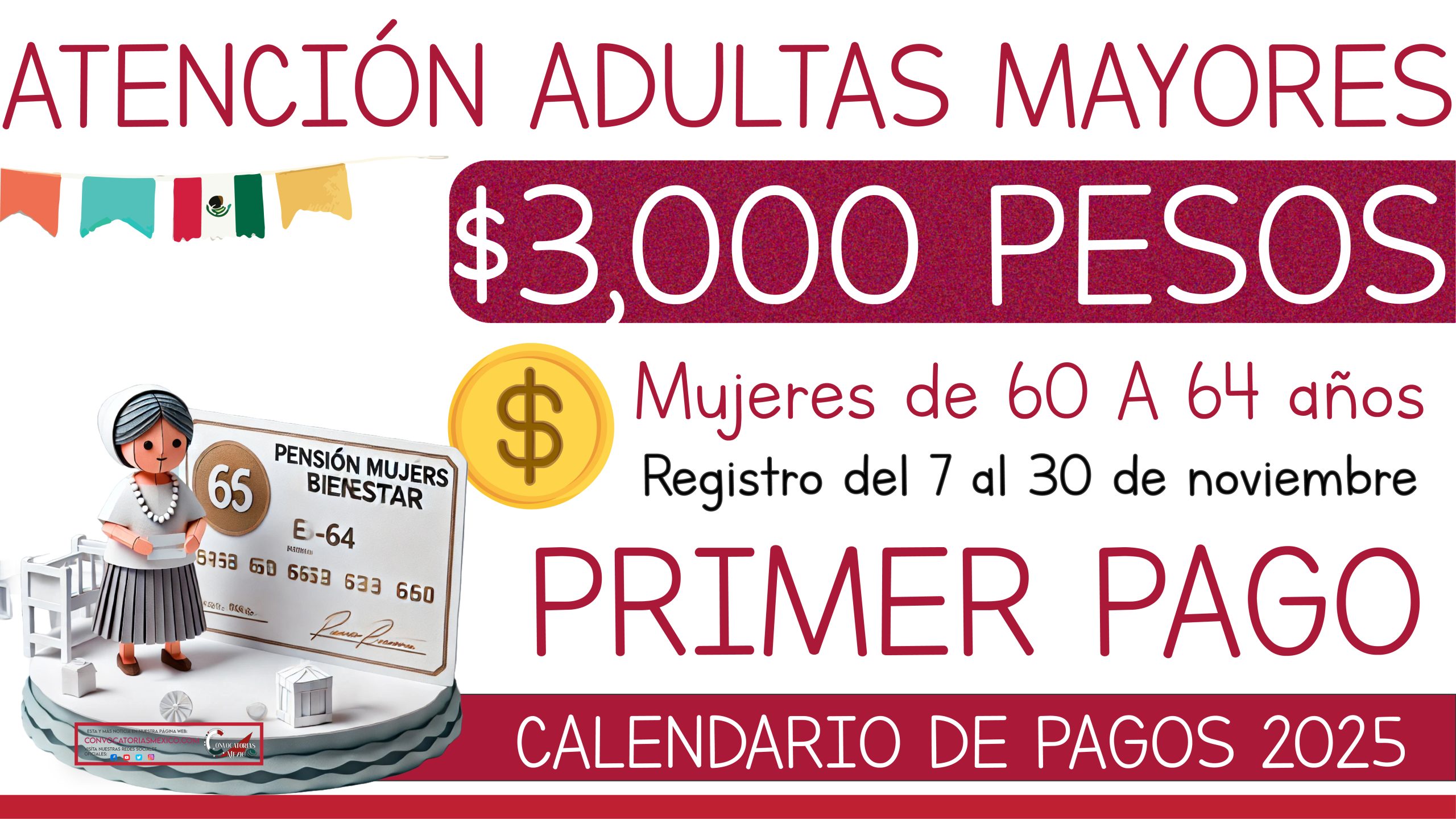Pago de $3,000 para Pensión Mujeres de 60 a 64 años PRIMER PAGO Y REGISTRO