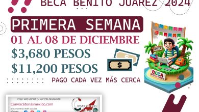 01 al 08 de diciembre Primera semana de pagos $3,680 pesos y $11,200 pesos de la Beca Benito Juárez 2024