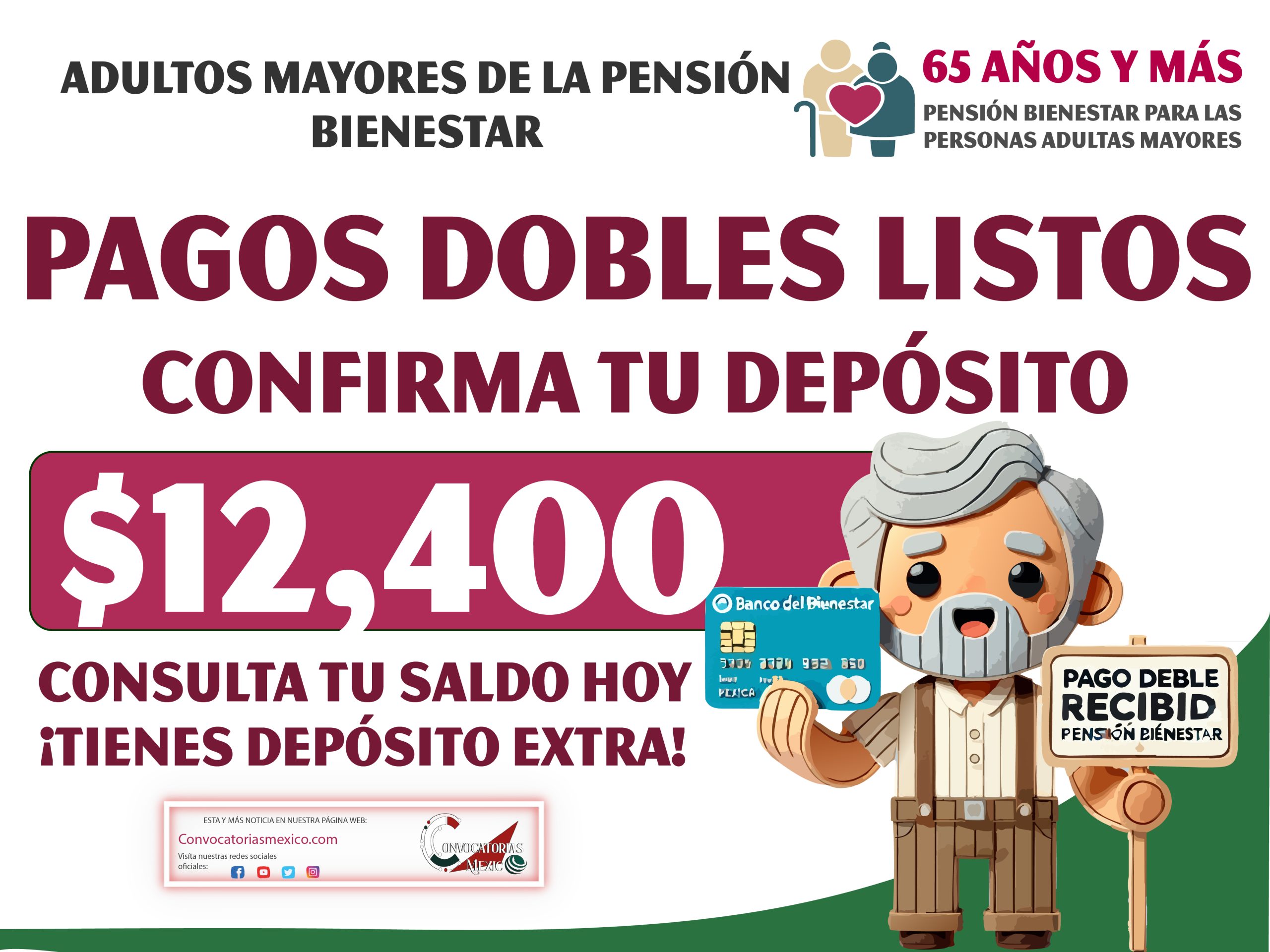 Pagos dobles listos de $12,400 pesos para los adultos mayores de la Pensión Bienestar 2025