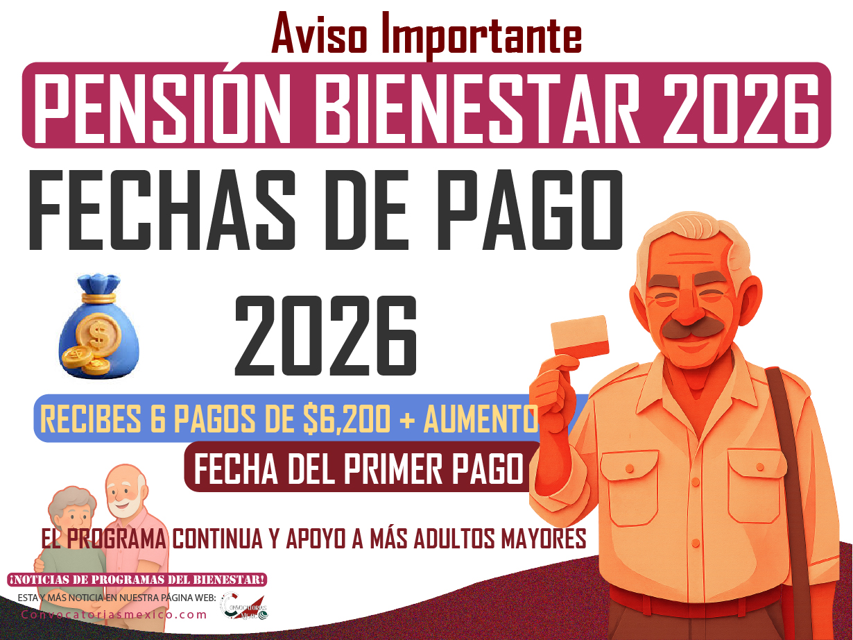 Calendario de pagos anual de $6,200 pesos + aumento de la Pensión Bienestar 2026