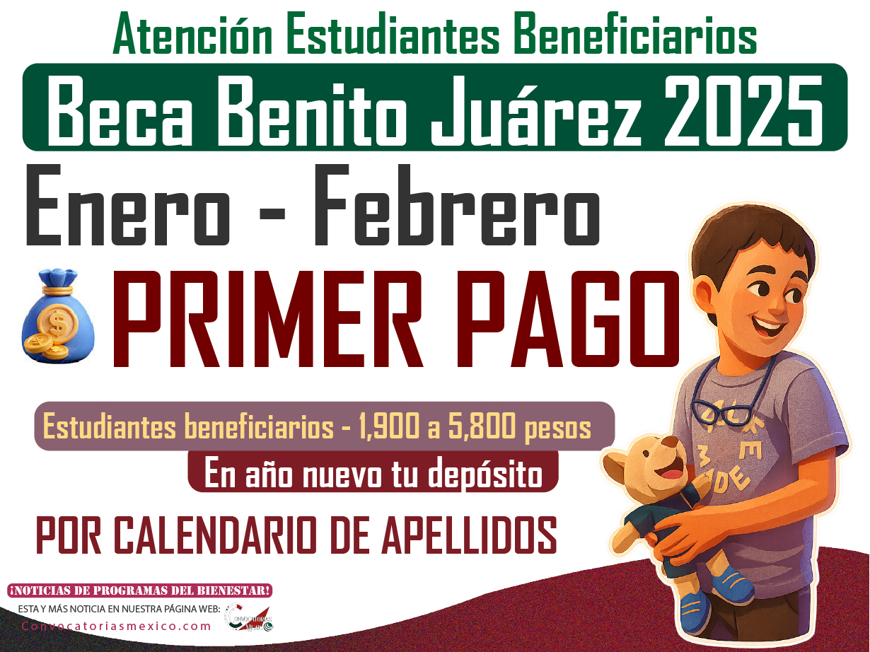 ¡Enero - febrero! $1,900 - $5,800 pesos Primer pago de la Beca Benito Juárez en 2026