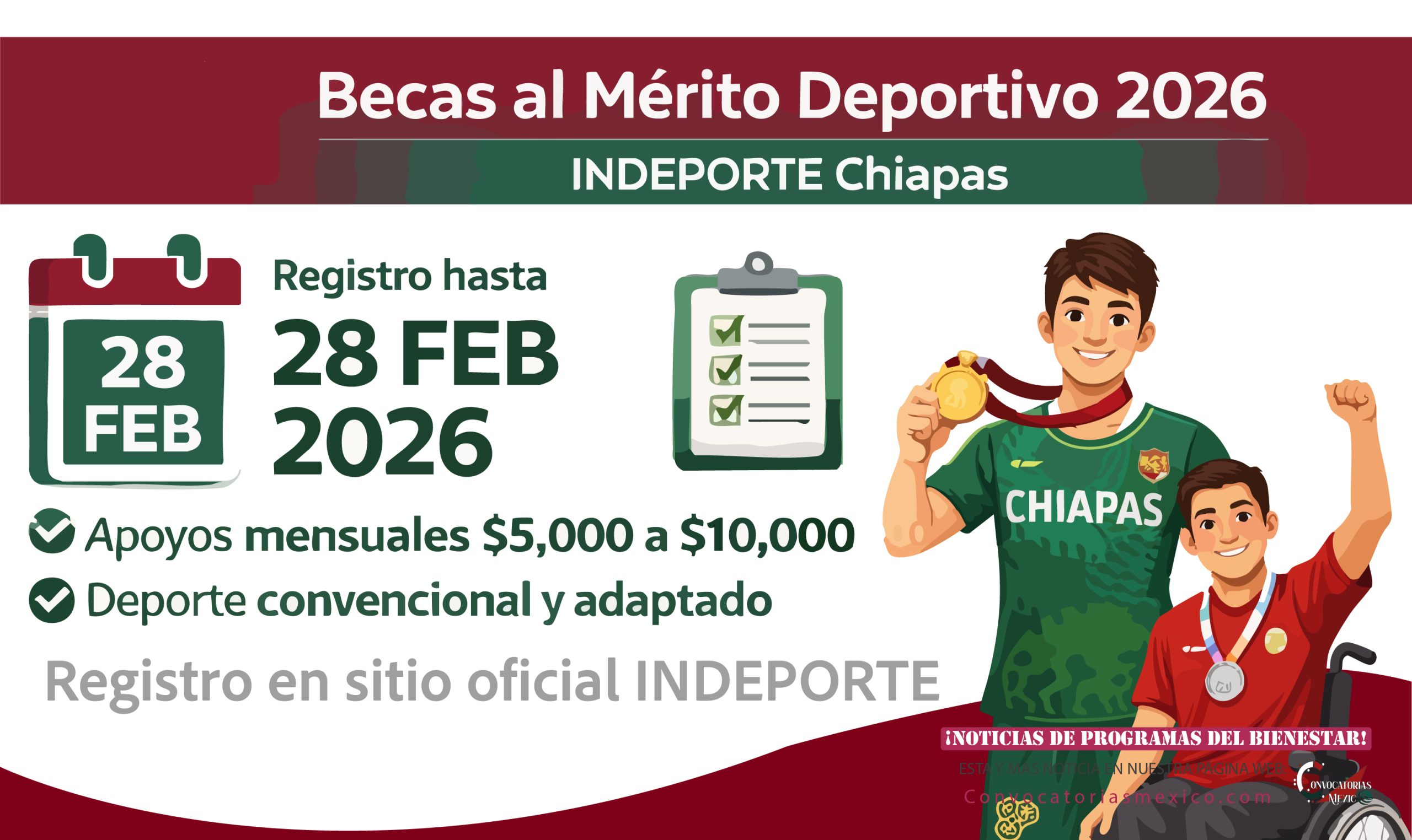 Chiapas abre Becas al Mérito Deportivo 2026 (INDEPORTE): registro disponible hasta el 28 de febrero