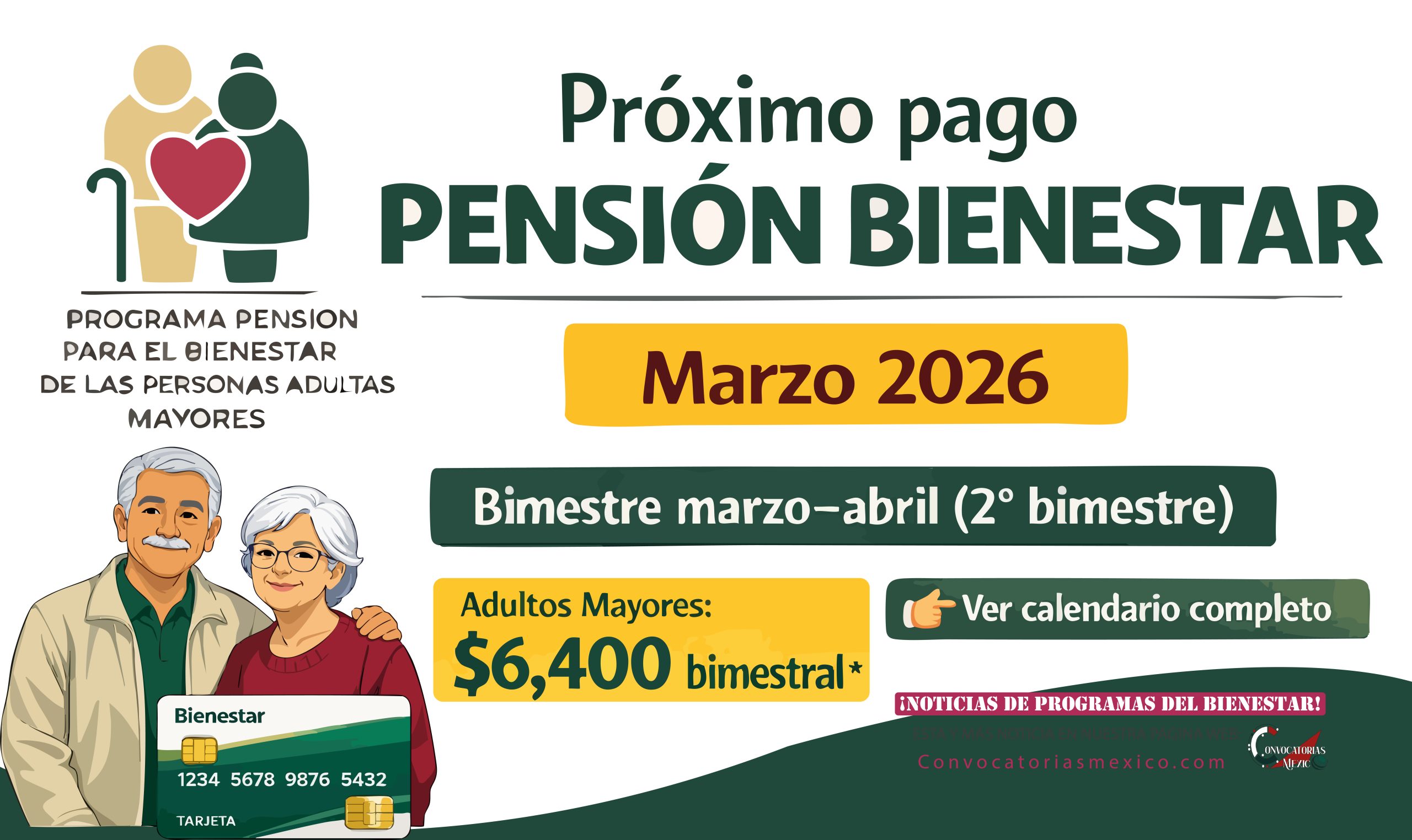 2 de marzo comiezan pagos de $6,400 pesos de la Pensión Bienestar 2026