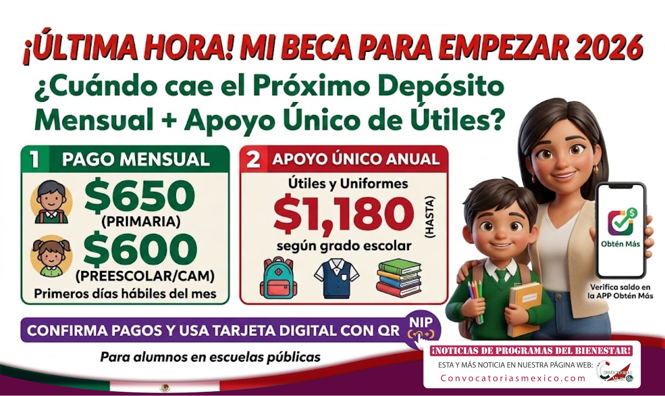 Mi Beca para Empezar 2026: próximo depósito mensual y apoyo único de útiles escolares