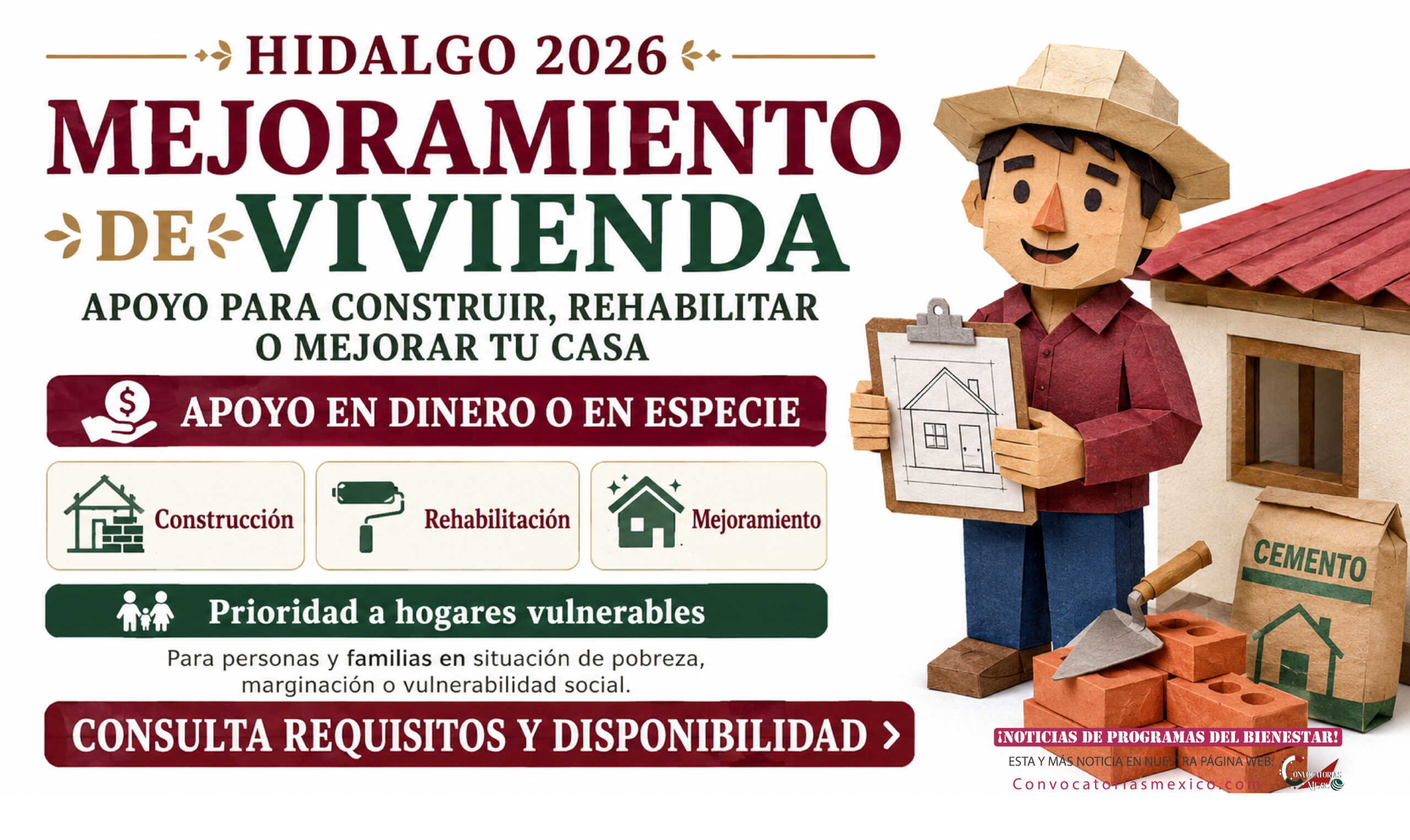 Mejoramiento de Vivienda Hidalgo 2026: apoyo para construir, rehabilitar o mejorar tu casa