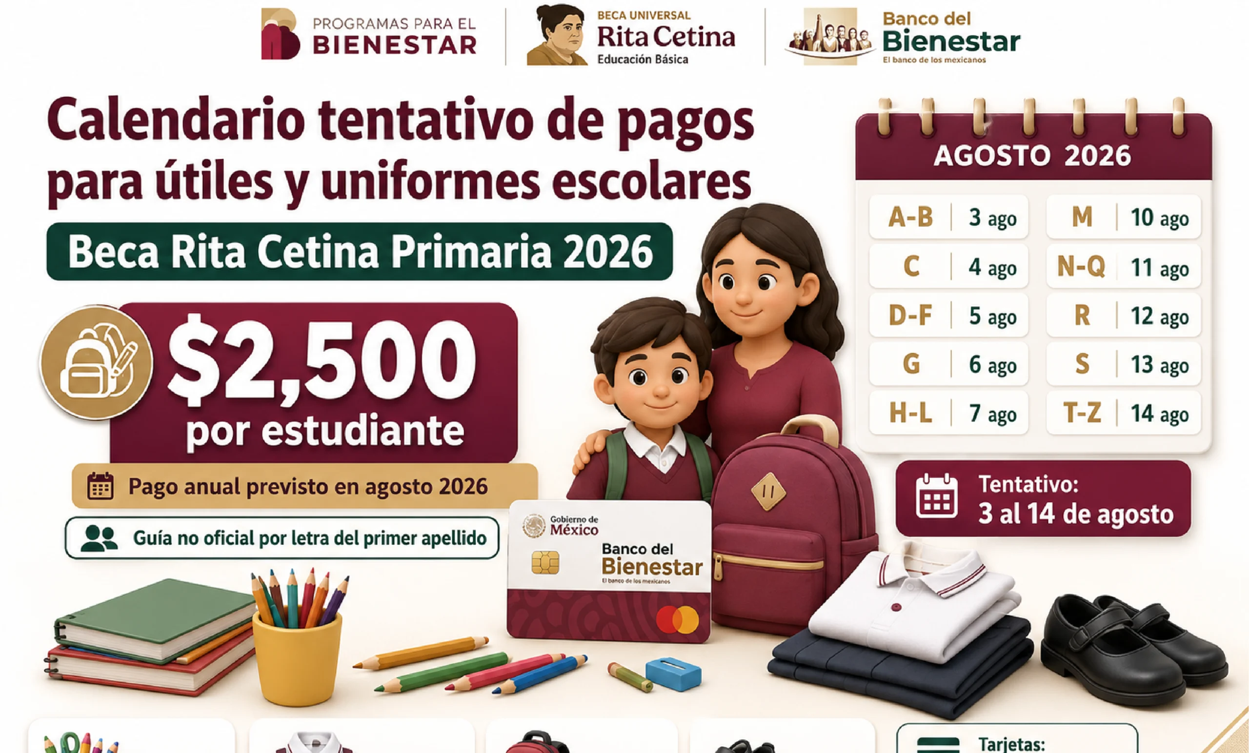 Calendario tentativo de pagos para útiles y uniformes escolares de la Beca Rita Cetina primaria 2026