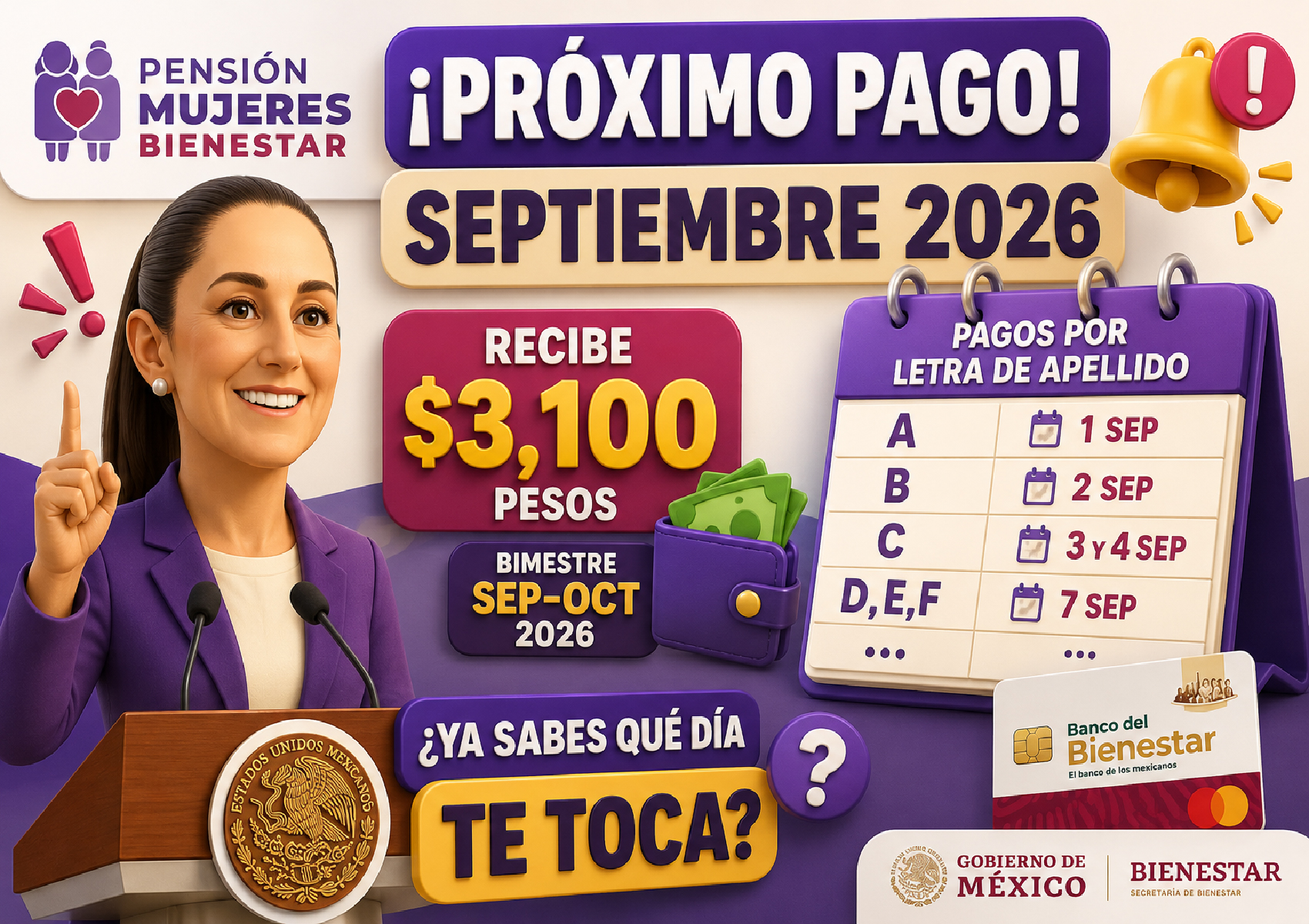 Pensión Mujeres Bienestar septiembre 2026: calendario tentativo de pagos por apellido