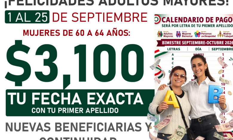 Del 1 al 25 de septiembre $6,400 y $3,100 pesos de la Pensión Bienestar para las Personas Adultas Mayores