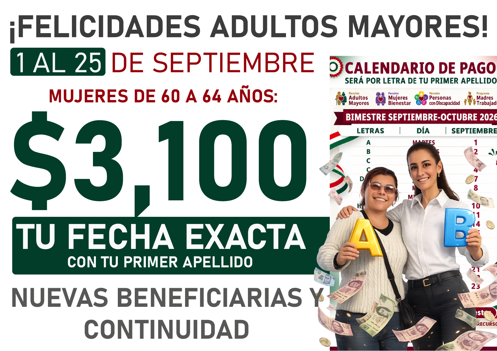 Del 1 al 25 de septiembre $6,400 y $3,100 pesos de la Pensión Bienestar para las Personas Adultas Mayores