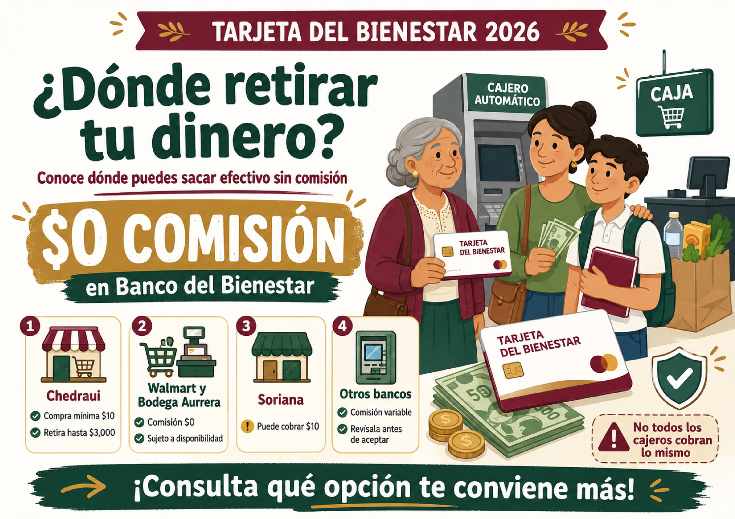¿Dónde retirar dinero de la Tarjeta del Bienestar y cuánto cobran los bancos? Lugares donde puedes sacar efectivo sin comisión en 2026
