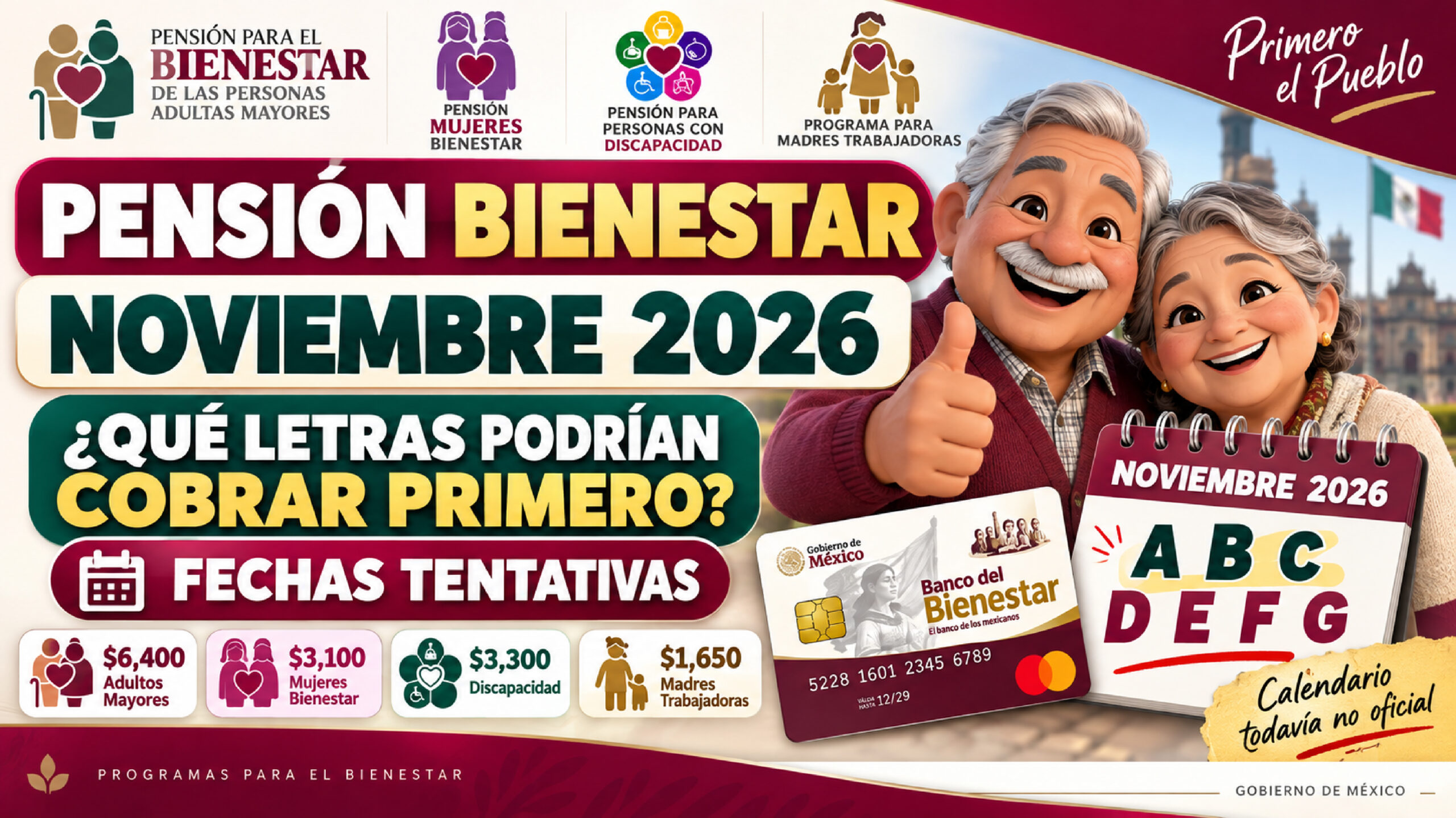 Pensión Bienestar noviembre 2026: qué letras podrían cobrar primero y fechas tentativas