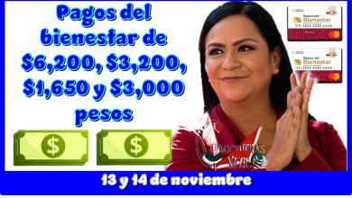 Pagos del bienestar de $6,200, $3,200, $1,650, y $3,000 pesos| 13 y 14 de noviembre