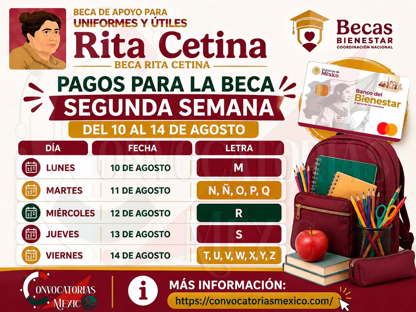 Pagos para la Beca de Apoyo para Uniformes y Útiles Beca Rita Cetina: Segunda semana del 10 al 14 de agosto