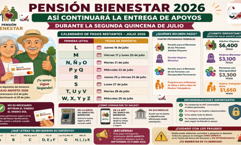 Pensión Bienestar 2026: así continuará la entrega de apoyos durante la segunda quincena de julio